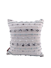 The RAMSHA HOME Woven Cotton Cushion With Insert cs-150 features a square, textured woven design with horizontal stripes and raised knots in white, light blue, and gray. Cushion insert is included.