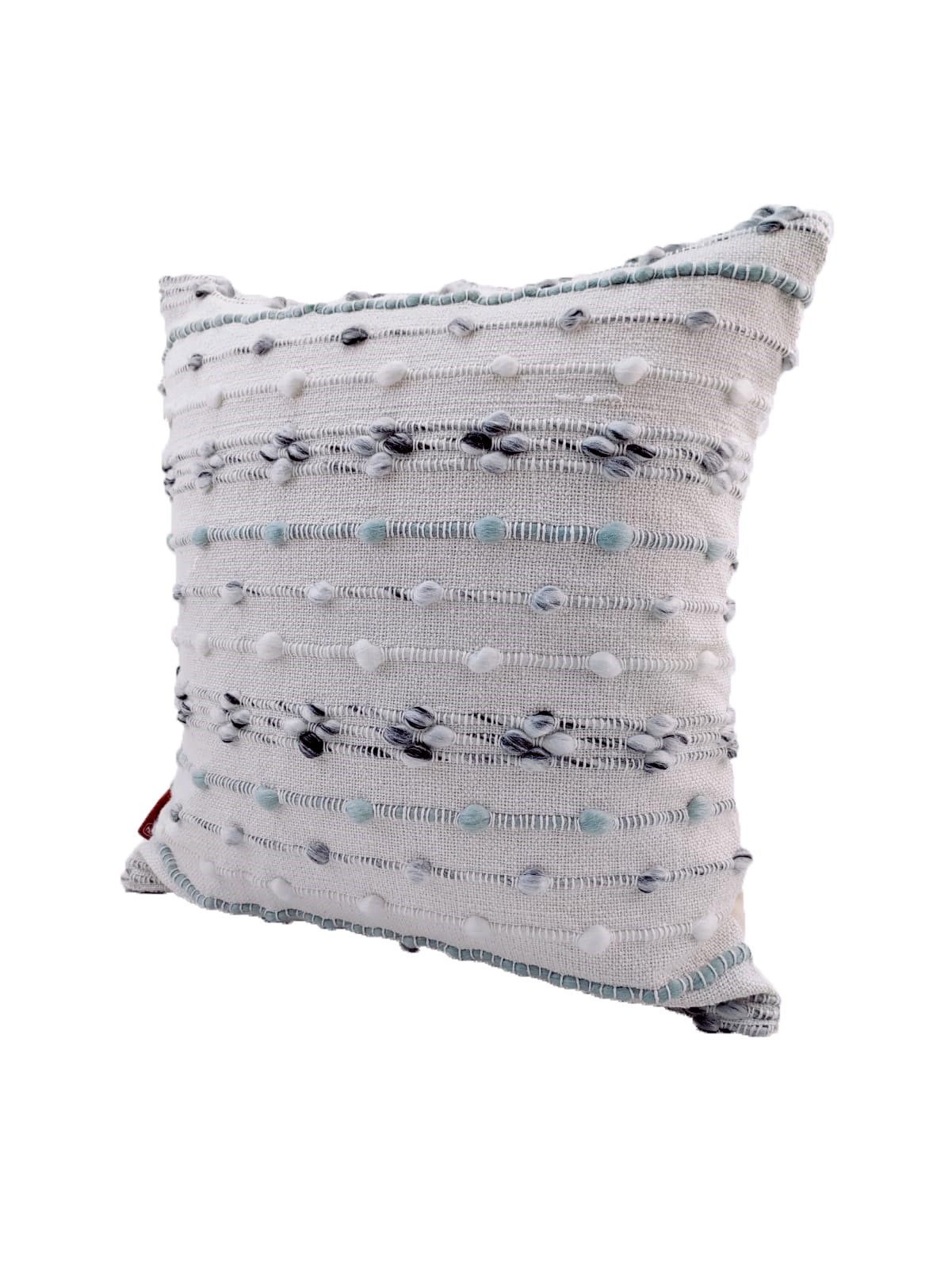 The RAMSHA HOME Woven Cotton Cushion With Insert cs-150 features textured white fabric with horizontal rows of blue, white, and gray tufted dots, a subtle striped pattern, soft woven look, and includes a cushion insert.