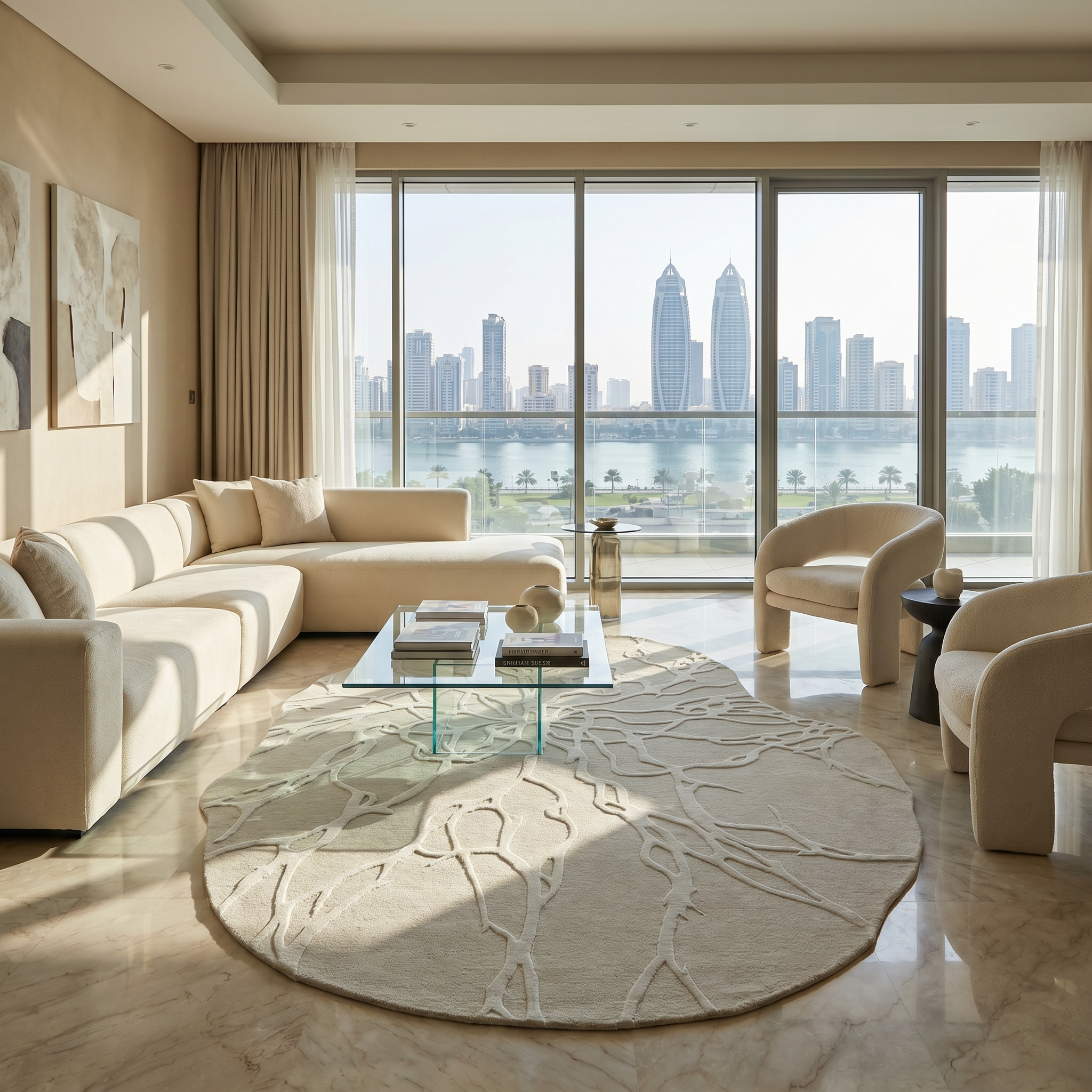 A modern living room with cream-colored furniture, a glass coffee table, and the RAMSHA HOME Premium Beige Handmade Carpet HTWV-100 (200×300 cm). Large windows reveal a city skyline and water view, filling the space with natural light.
