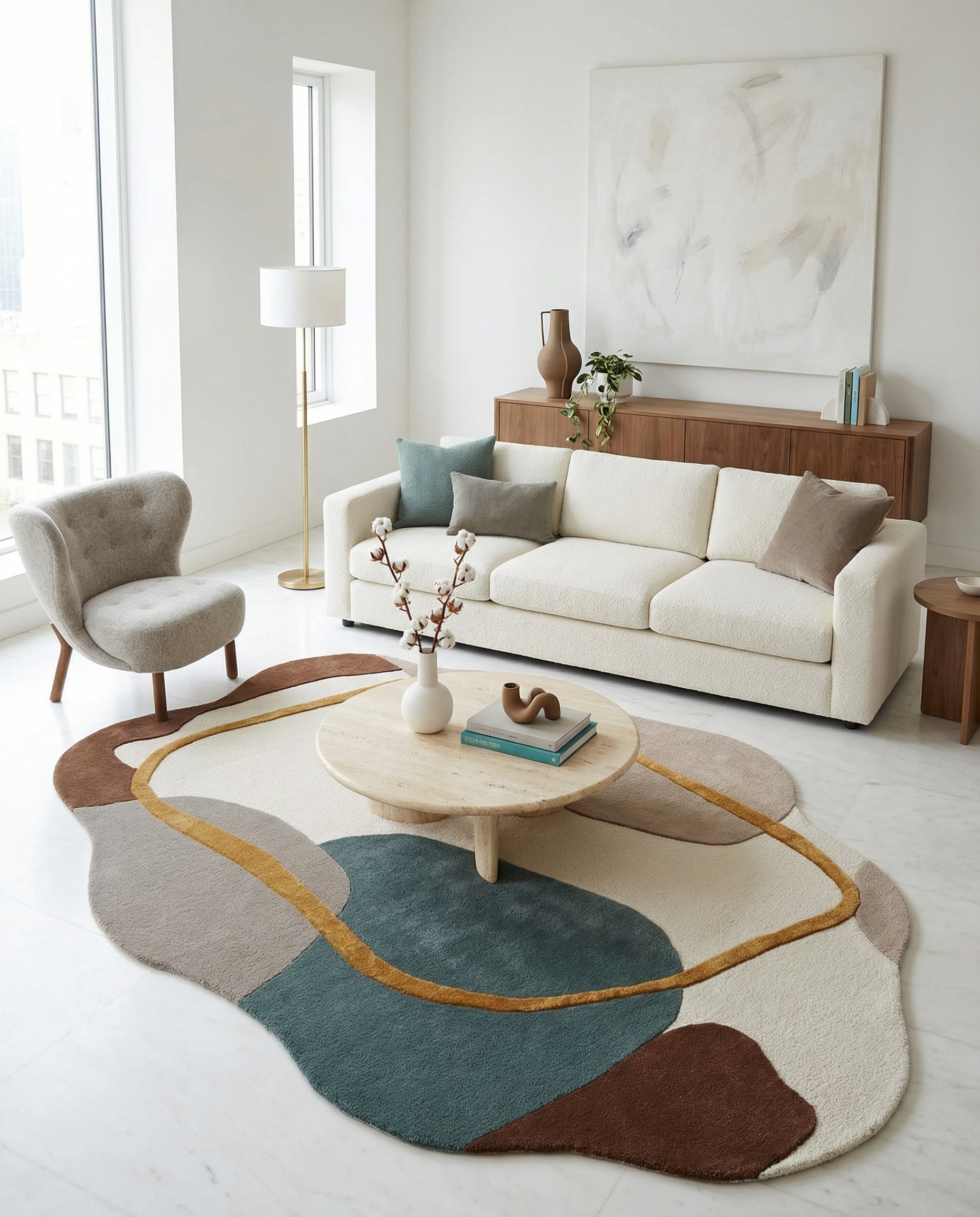 A modern living room with a cream sofa, abstract art, wooden sideboard, light armchair, round coffee table, and the RAMSHA HOME Handmade Multi Color Shaped Area Rug 200x300 CM HTWV 186 displaying abstract earth tones on a white floor.