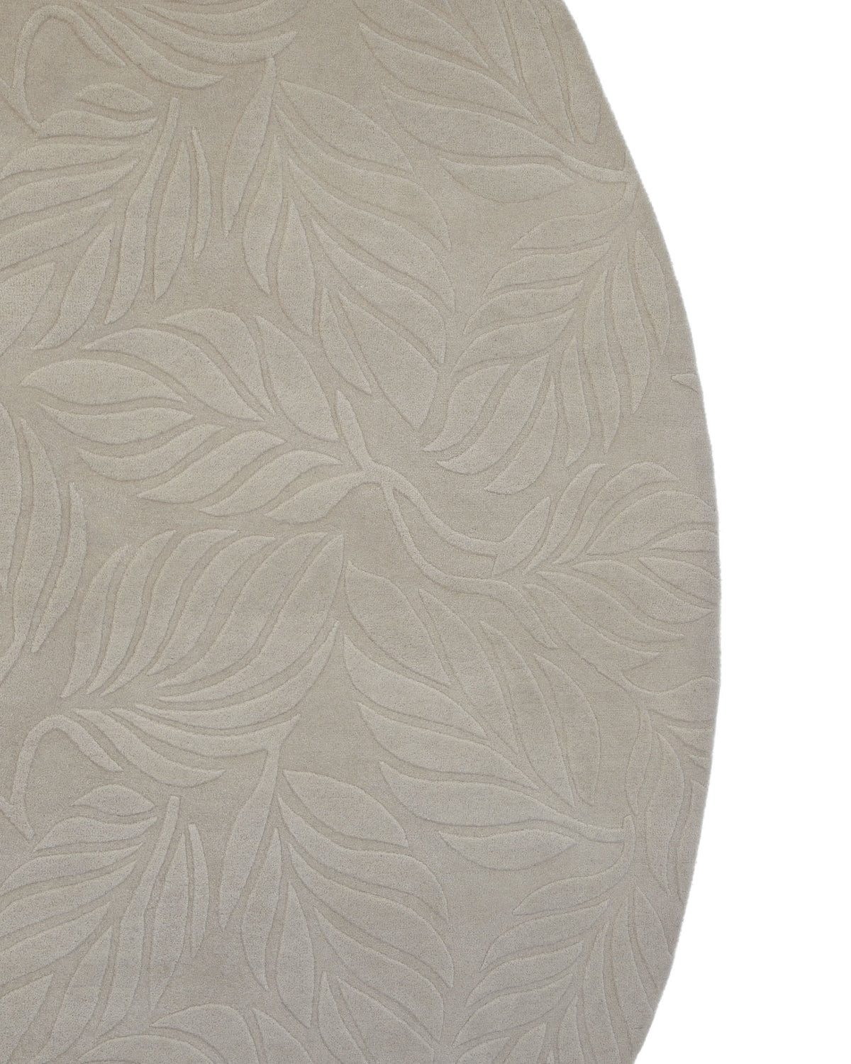 Premium Off-White Area Carpet - HTW 115 (200x300 cm) by RAMSHA HOME, featuring a subtle raised leaf pattern in a curved section against a white background. This elegant hand-tufted wool carpet brings texture and sophistication to any space.