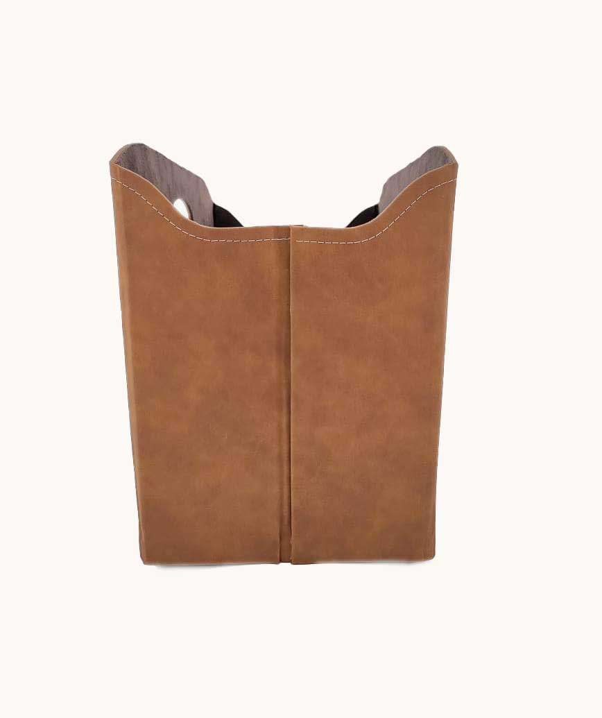 The Tan Handmade Polyester Basket - BK 001 (35x20x27cm) by Ramsha Home is a rectangular storage bin with side handles, ideal for home organization, featured against a plain white background.
