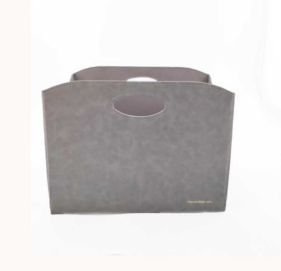 The Grey Handmade Polyester Basket - BK 002 (35x20x27cm) by Ramsha Home features oval cut-out handles and subtle stitching, offering stylish home organization in a rectangular design.