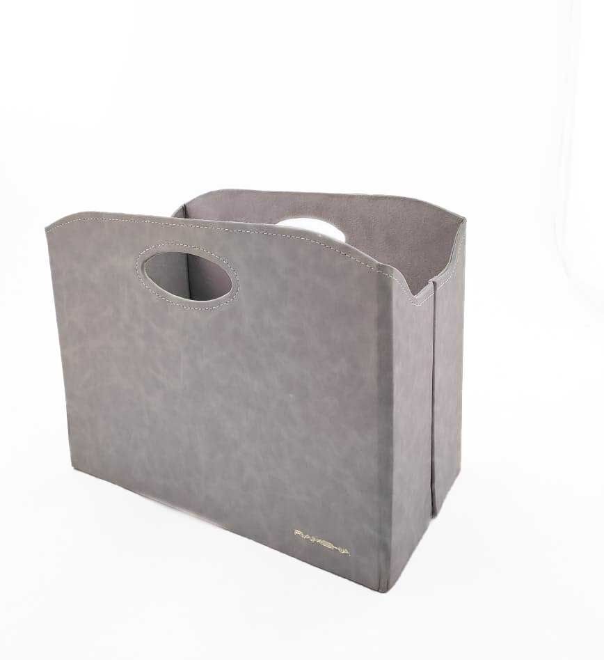The Grey Handmade Polyester Basket - BK 002 (35x20x27cm) by Ramsha Home offers a minimalist storage solution with stitched edges and oval handles, ideal for stylish home organization.