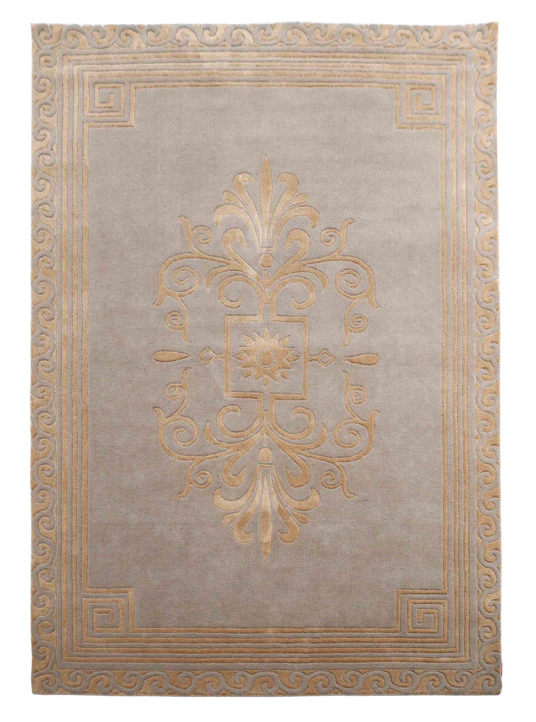 The RAMSHA HOME Beige Rectangle Novara Rug-CMN 22 (200x300cm) features a beige backdrop, gold medallion, scrolling borders, Greek key corners, and intricate edging—an elegant machine-made piece for any room.