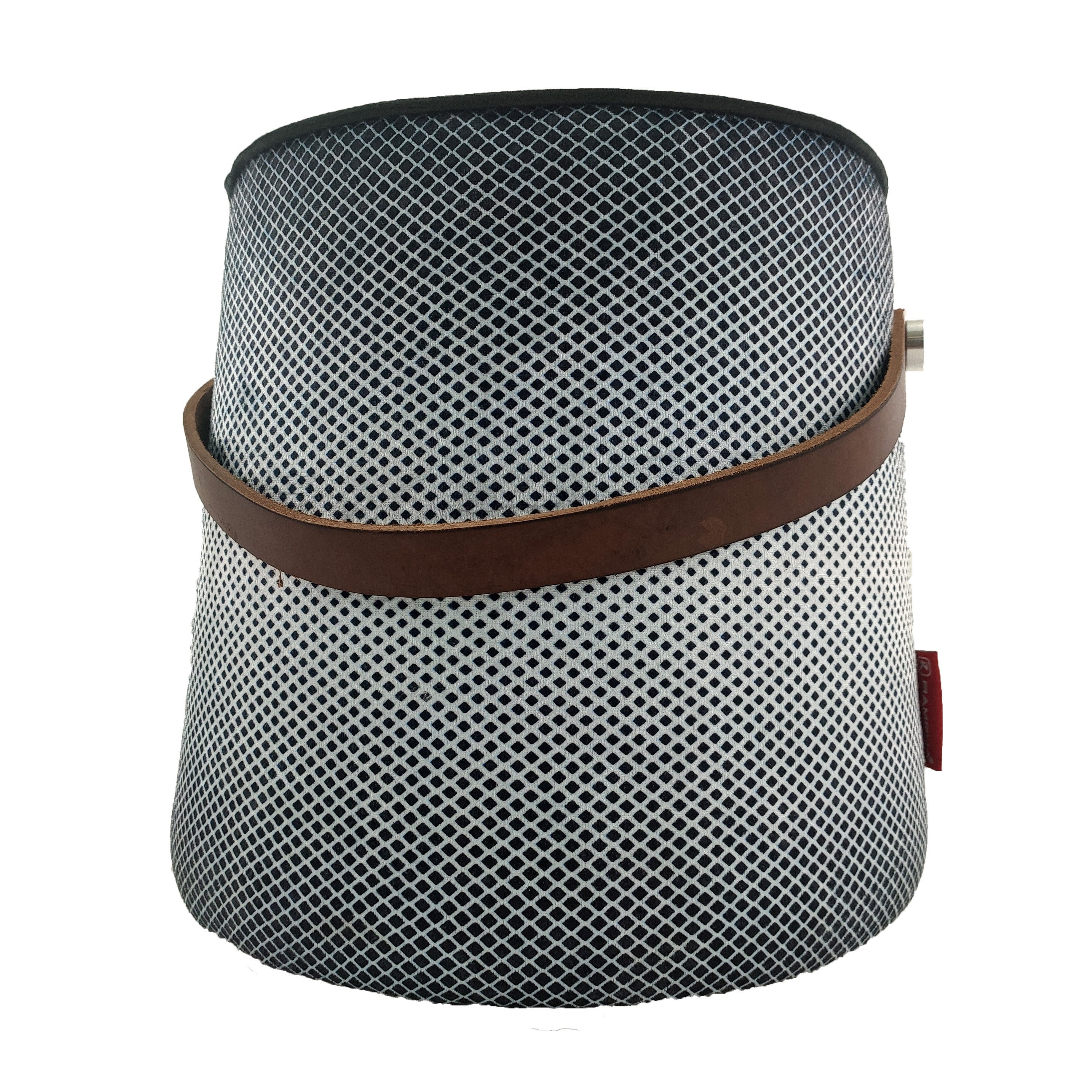 The RAMSHA HOME Printed Pedestal Pouf With Leather Handle PF-026 features a black and white cylindrical design, mesh pattern, brown leather handle, and red tag—perfect for adding style to your home decor. Displayed against a white background.