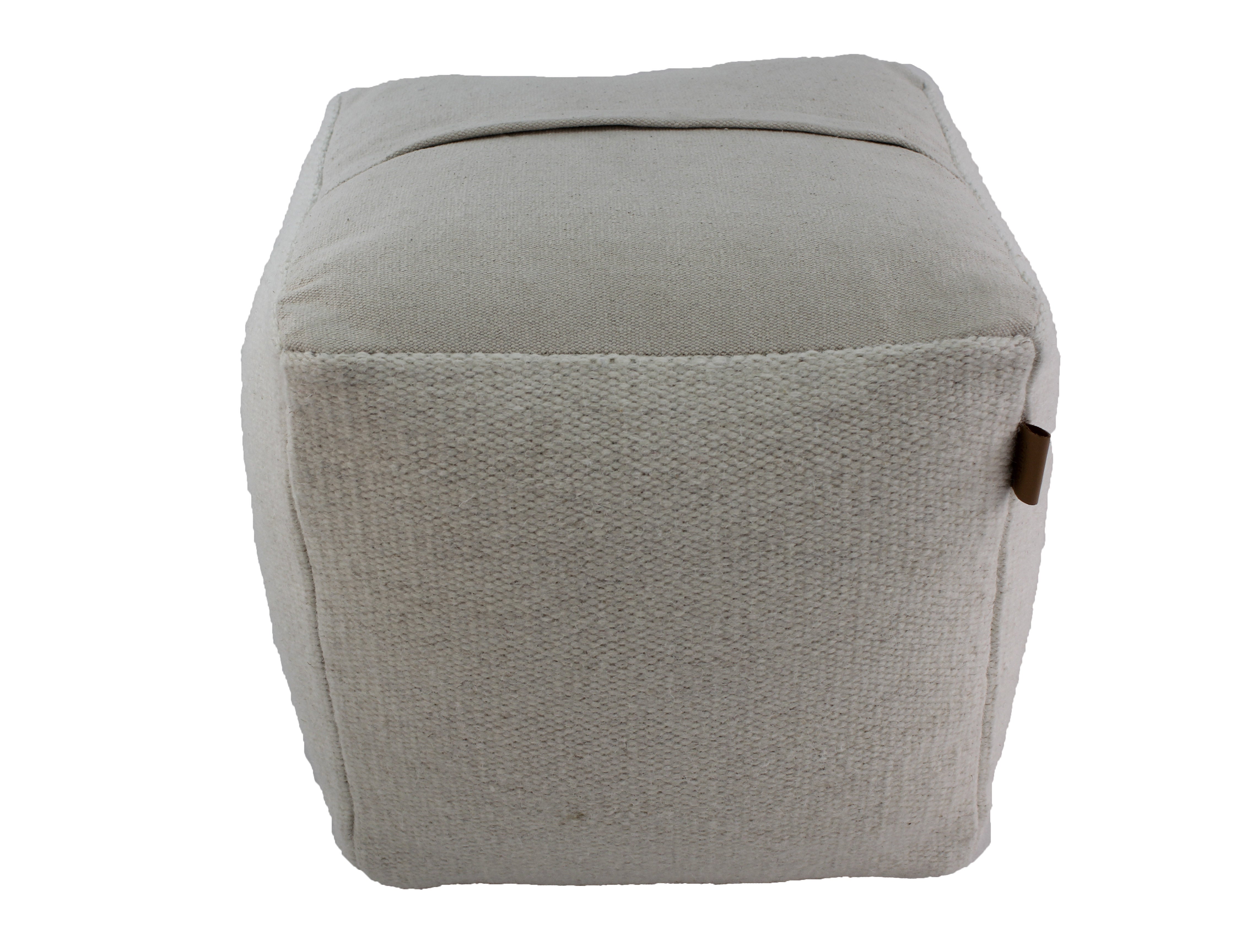 The RAMSHA HOME Natural Cubic Pouf PF-058 is a beige, rectangular polyester ottoman featuring a textured surface and a small brown tab on one side, displayed against a plain white background.