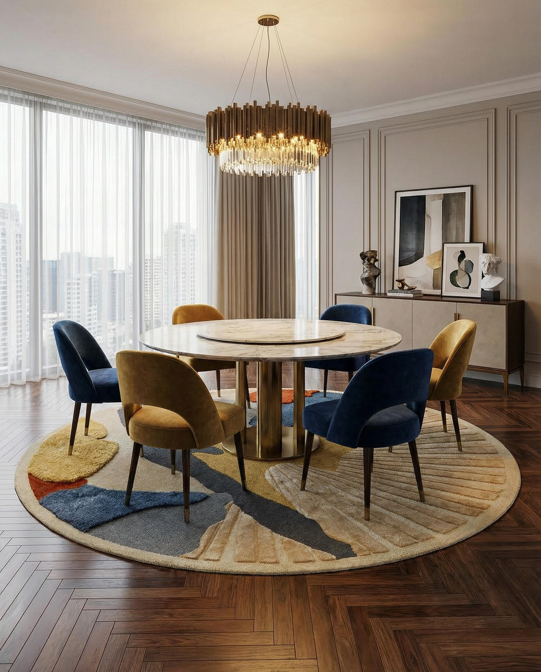A modern dining room features a round marble table with six blue and yellow velvet chairs on the RAMSHA HOME Multicolor Handmade Round Rug HTW 59 (200cm), beneath a gold and crystal chandelier, with floor-to-ceiling windows and art on the sideboard.