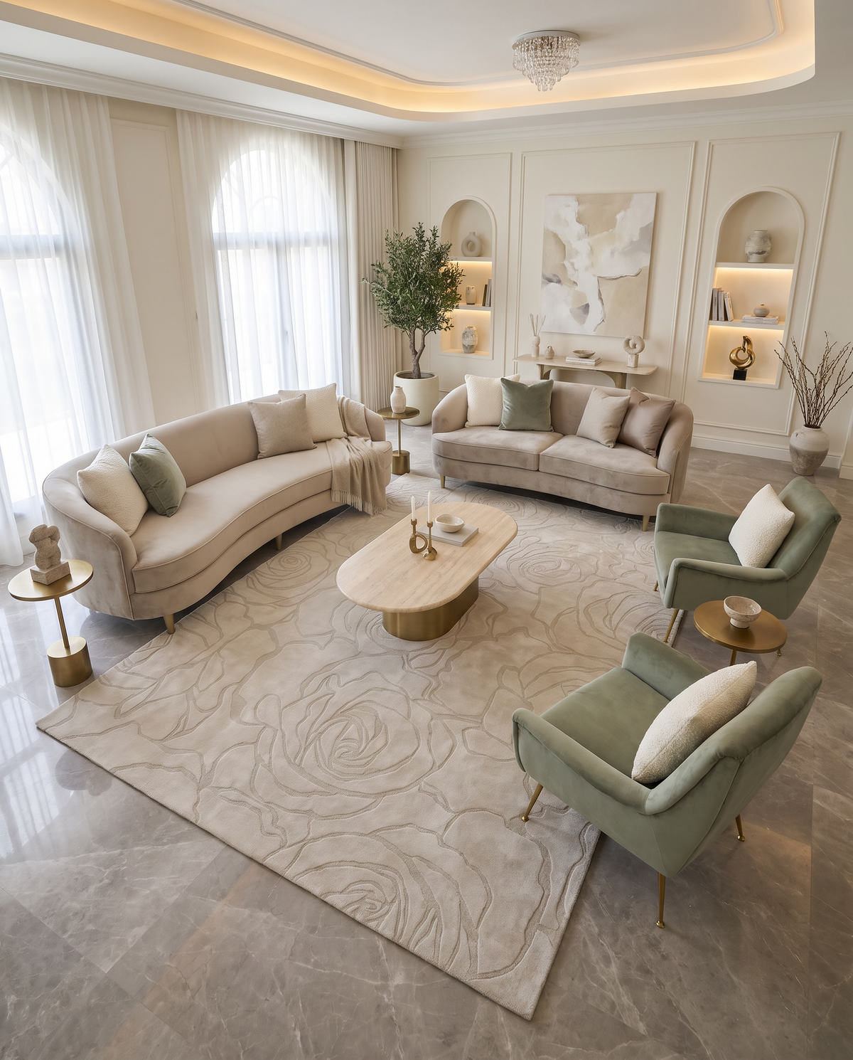 Elegant living room with two beige sofas, two green armchairs, a light wood coffee table, and the RAMSHA HOME Home Decor Handmade Area Rug - HTWV-156—a hand-tufted wool rug featuring a delicate floral pattern. Large windows, soft lighting, and decorative accents create a cozy, sophisticated atmosphere.