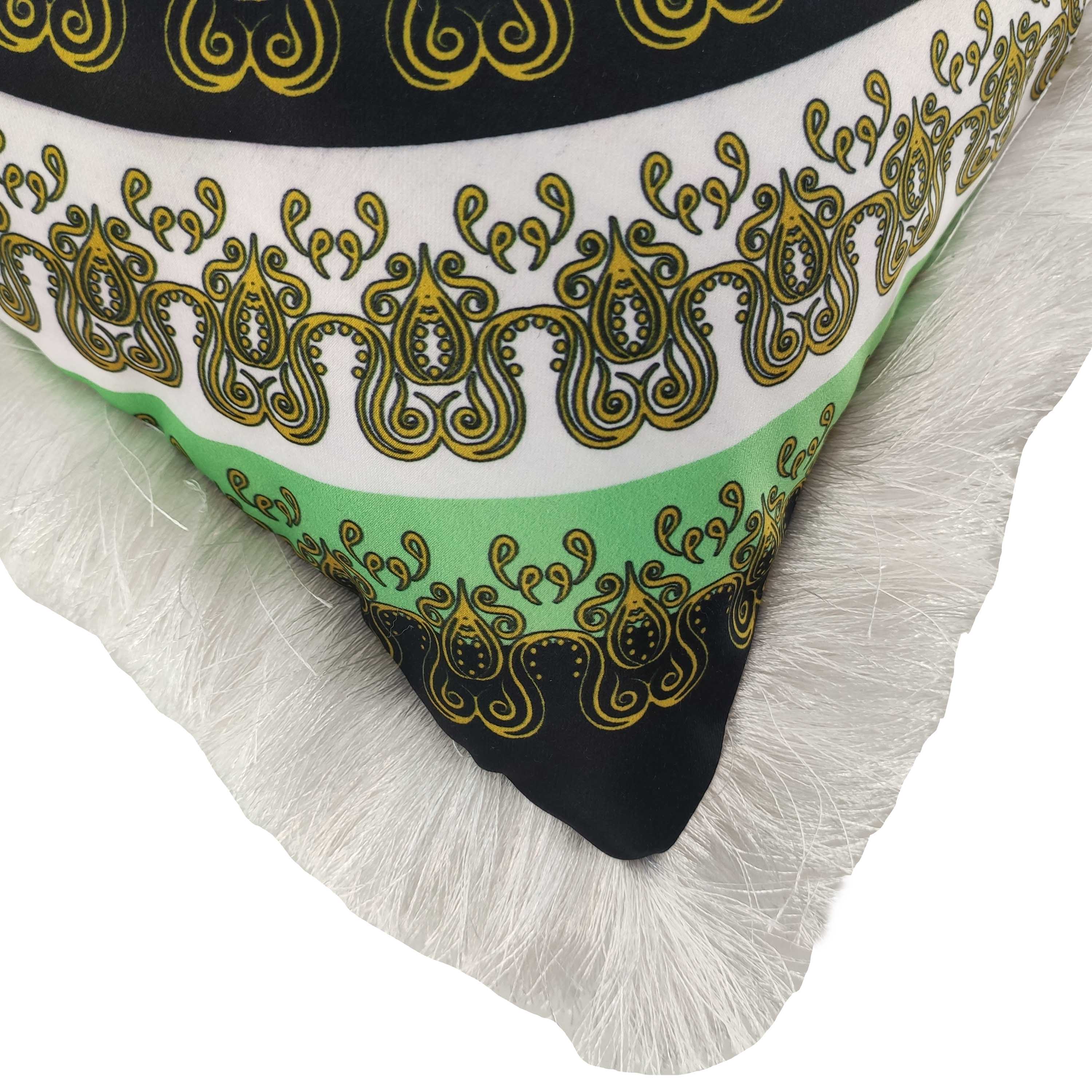 Close-up of RAMSHA HOME's Printed Cushion With Filler For Home Decor CS-062, featuring black, white, and light green stripes with gold paisley and swirl details and a white furry edge—a stylish accent for any room.