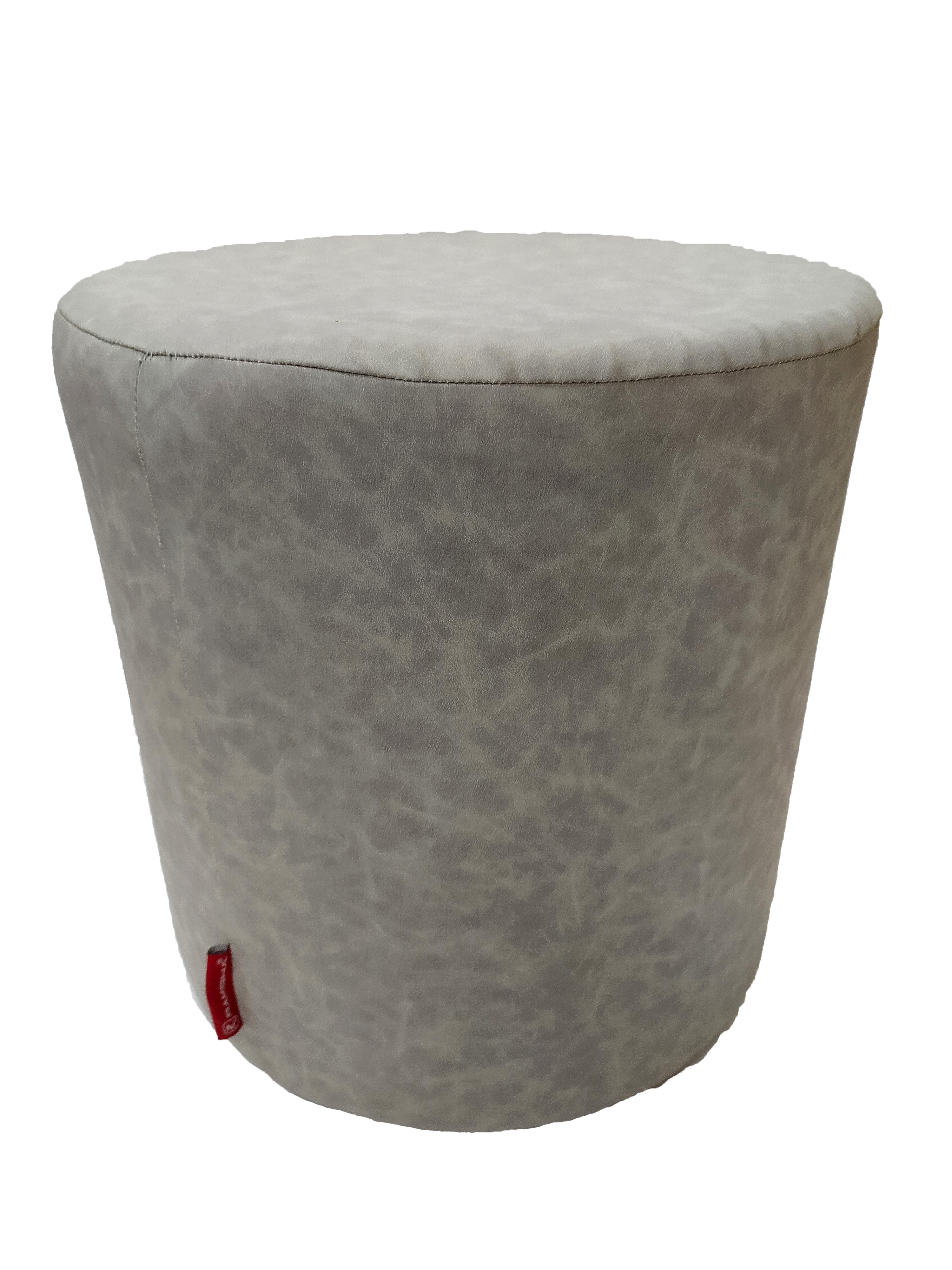 The RAMSHA HOME Leather Cylindrical Pouf features a light gray, subtly marbled texture with slightly tapered sides, a round shape, and a small red tag near the base—an ottoman-style stool offering comfortable seating.