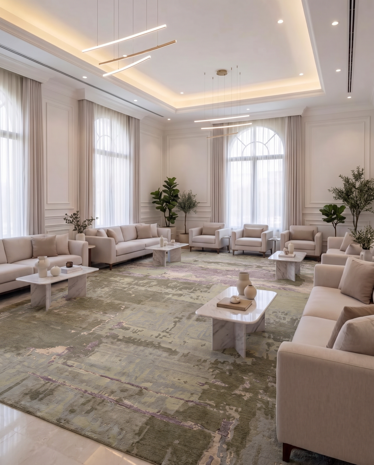A spacious, elegant lounge featuring cream sofas, marble coffee tables, large windows, tall plants, and a beautiful RAMSHA HOME Hand knotted Living Room Rug - HKWV-03 (240x300 CM) under modern ceiling lights. The room has a bright, airy atmosphere.
