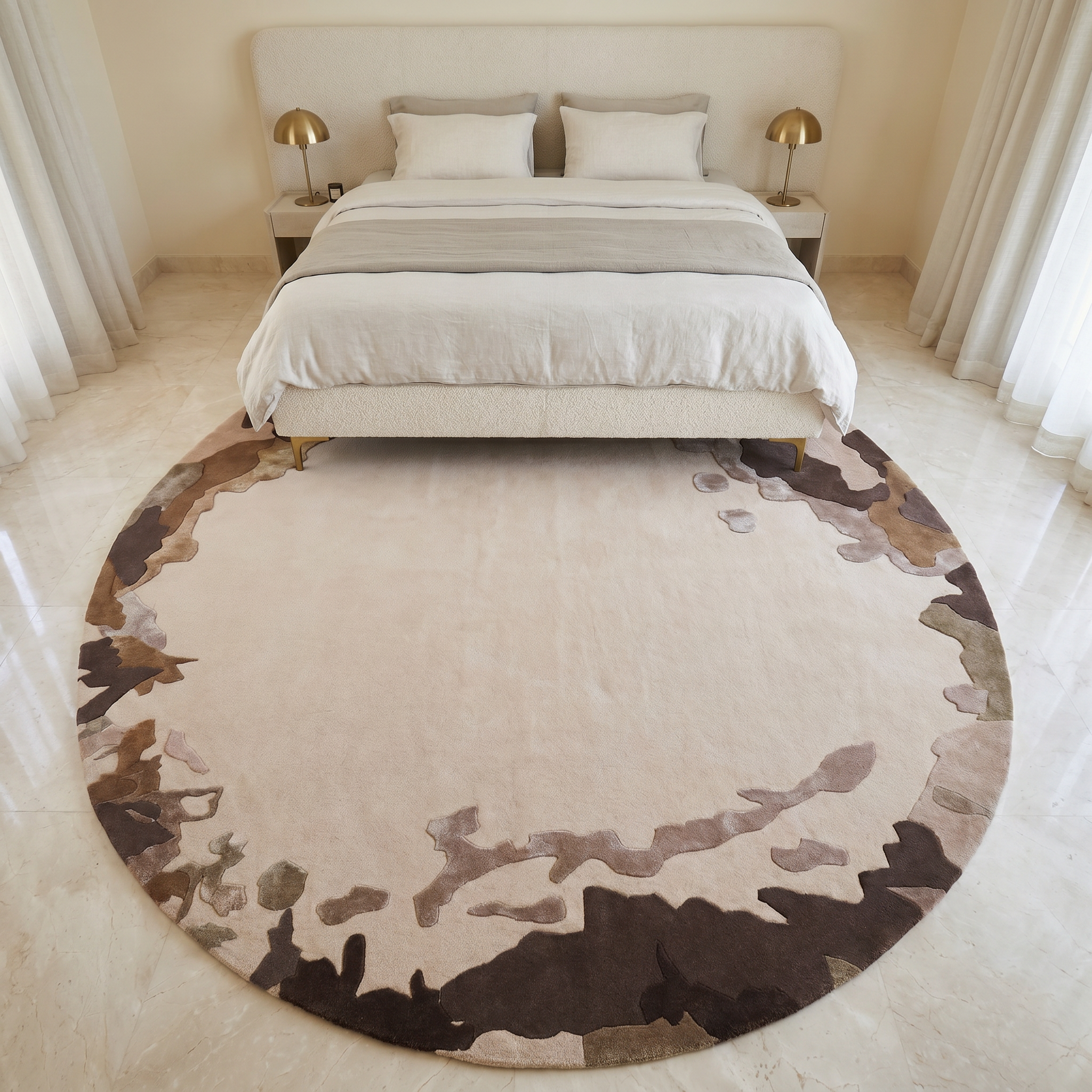 A modern bedroom showcases the RAMSHA HOME Terra Eclipse Oval Handmade Rug HTWV-195, its abstract border and neutral tones enhancing the white bedding and beige headboard, with gold lamps on bedside tables.