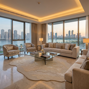 A modern living room with beige sofas, a glass coffee table, and large windows offering a waterfront sunset view. Soft lighting highlights the RAMSHA HOME Stylish Handmade Shape Rug Multi Color HTWV-105 on the marble floor for added elegance.