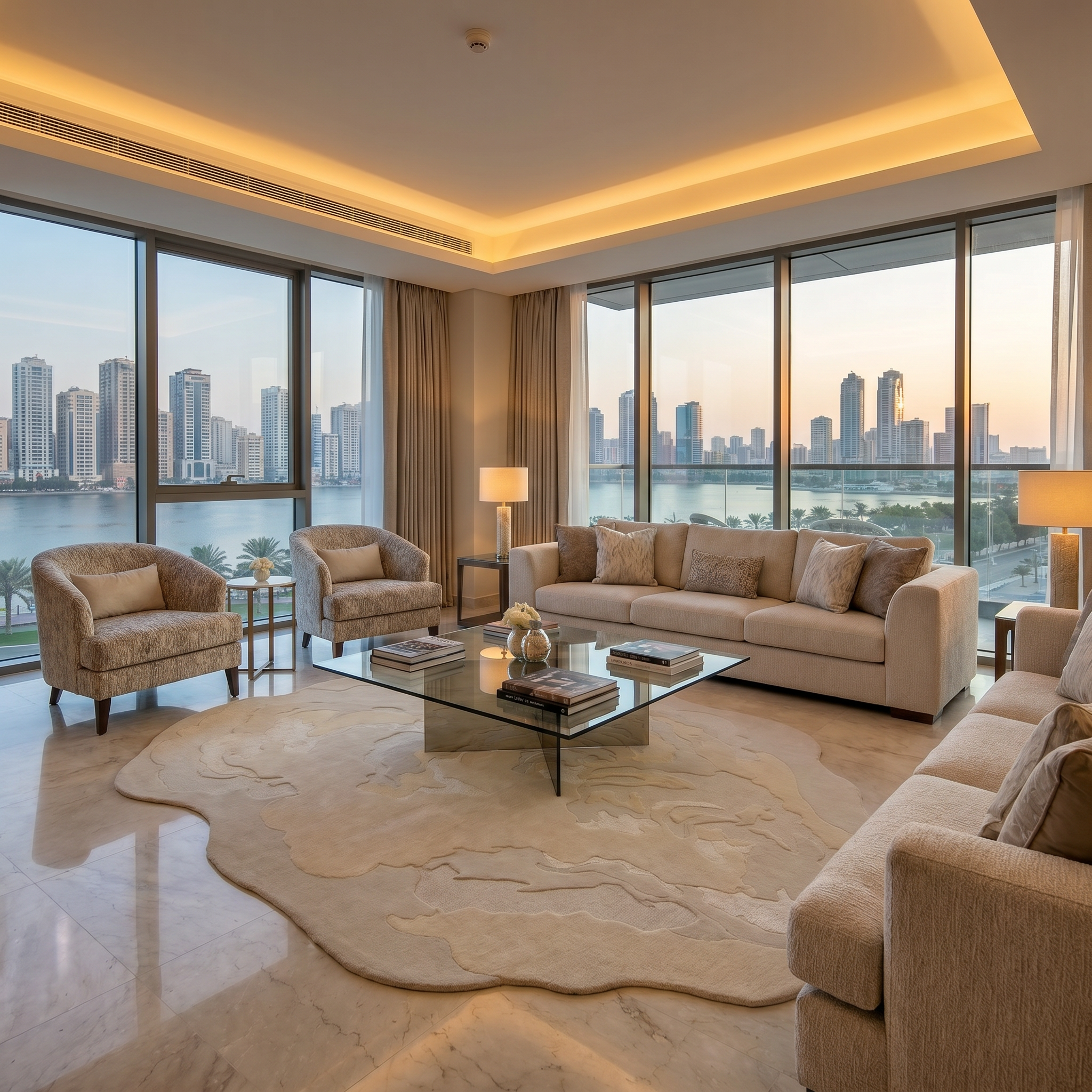 A modern living room with beige sofas, a glass coffee table, and large windows offering a waterfront sunset view. Soft lighting highlights the RAMSHA HOME Stylish Handmade Shape Rug Multi Color HTWV-105 on the marble floor for added elegance.