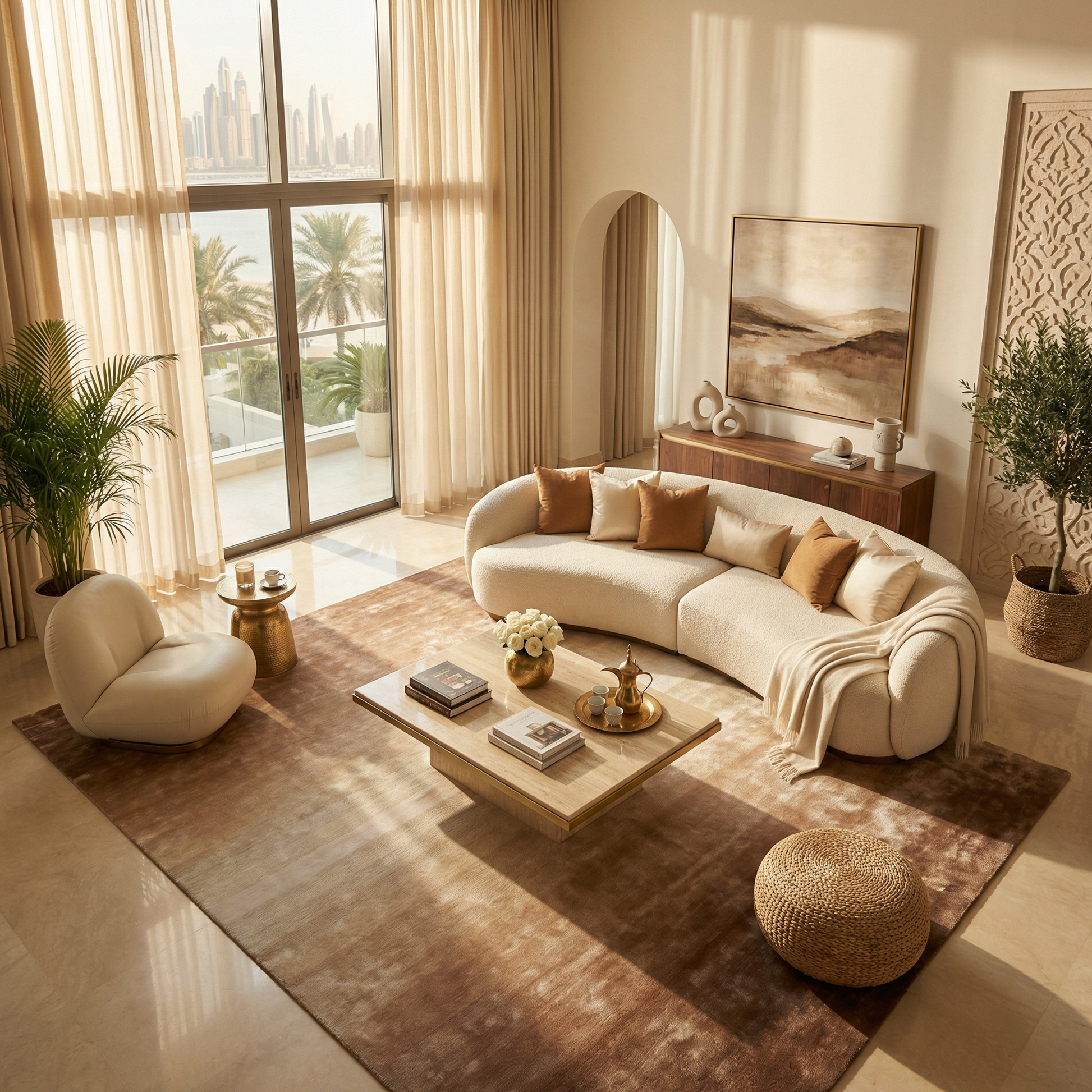 A modern living room features a curved beige sofa, brown cushions, round chair, coffee table, and pouf atop the RAMSHA HOME Caramel Ombre Handmade Area Rug - HTV 26 (300x400 cm). Large windows showcase a city skyline bathed in sunlight.