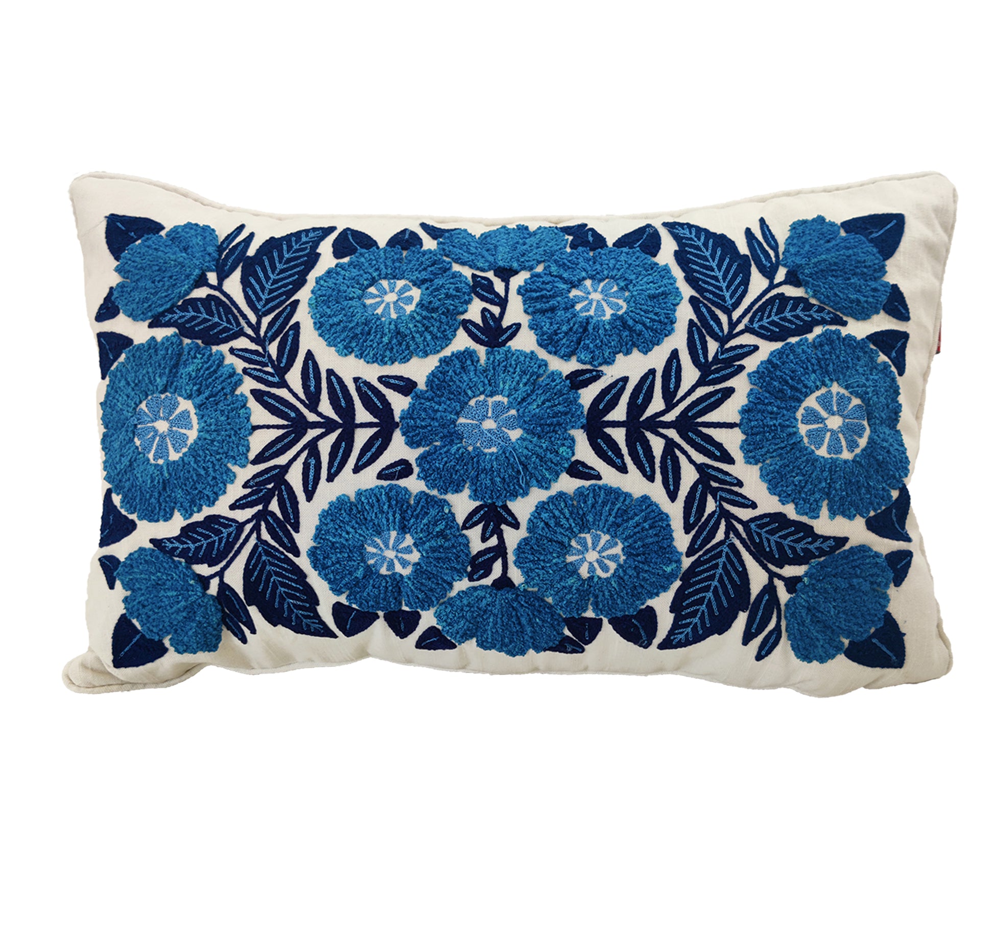 The RAMSHA HOME Blue Flower Embroidery Cushion CS-267 features intricate blue floral embroidery on a white rectangular cover, making it a stylish accent for your home décor.