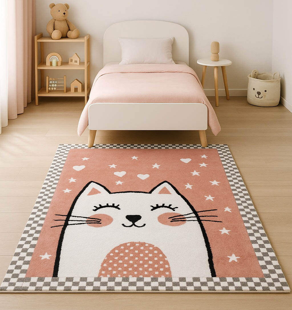 A children’s bedroom features RAMSHA HOME’s Pink Cat Kids Rug - Cute Kitten Nursery Area Carpet KD-002 (120x180cm), a whimsical cat-face design with stars and hearts, pink bedding, teddy bear decor, and cozy neutral tones.