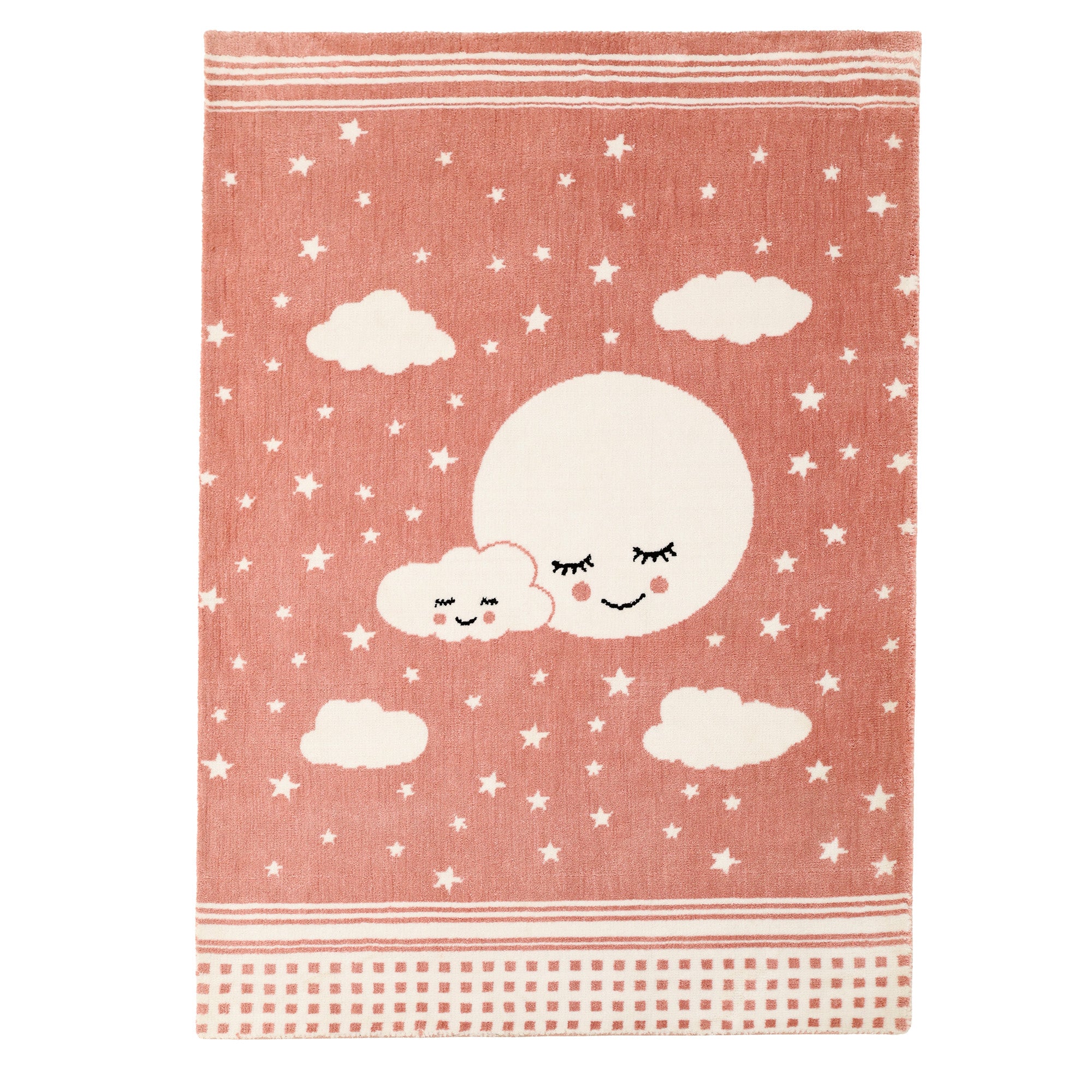 The RAMSHA HOME Kids Rug Soft Star & Sky Pink Nursery Rug (120x180 cm – KD 019) features white stars, clouds, and a smiling moon with playful borders—adding charm and whimsy to any child’s room.
