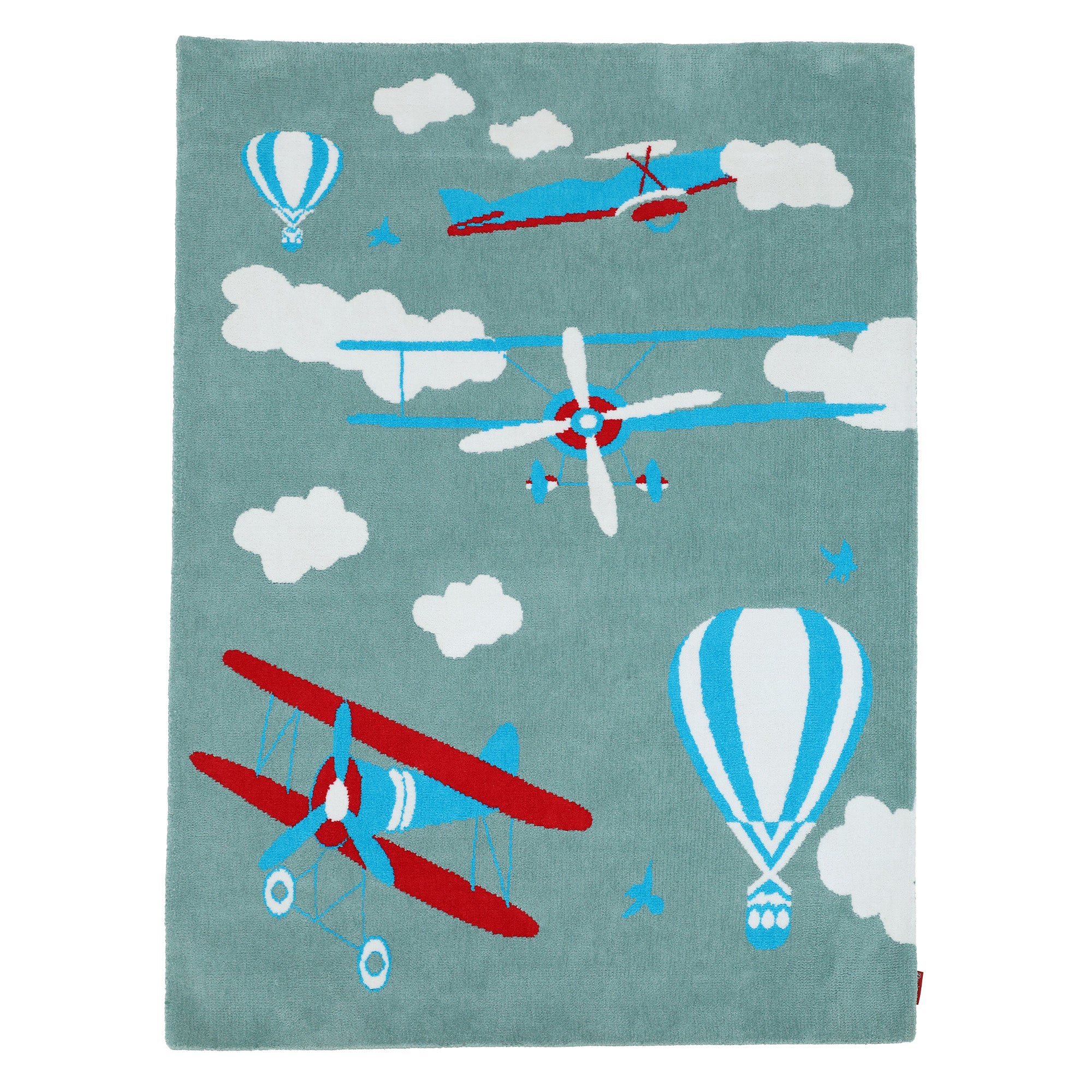 The RAMSHA HOME Kids Rug Soft Multi Color Nursery Rug 120x180 cm – KD 020 features vintage biplanes and hot air balloons in red, white, and blue among clouds on a soft blue background—ideal for nurseries or playrooms.
