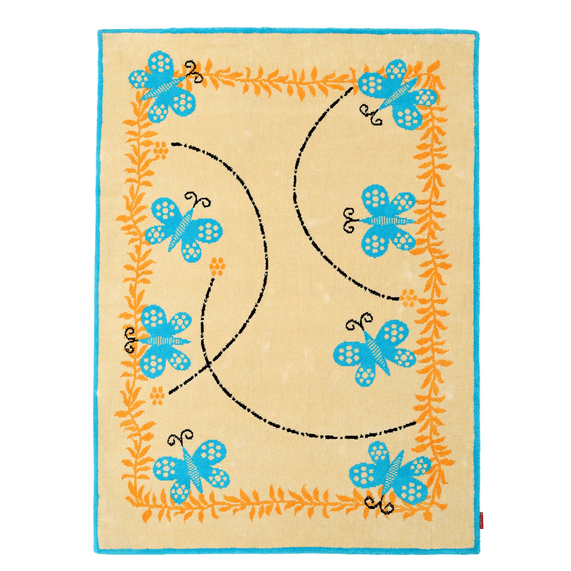 The RAMSHA HOME Kids Rug Soft Multi Color Nursery Rug 120x180 cm (KD 022) features a blue border, six blue butterflies, orange leafy vines, and curved black dashed lines—creating a charming accent perfect for nursery décor.