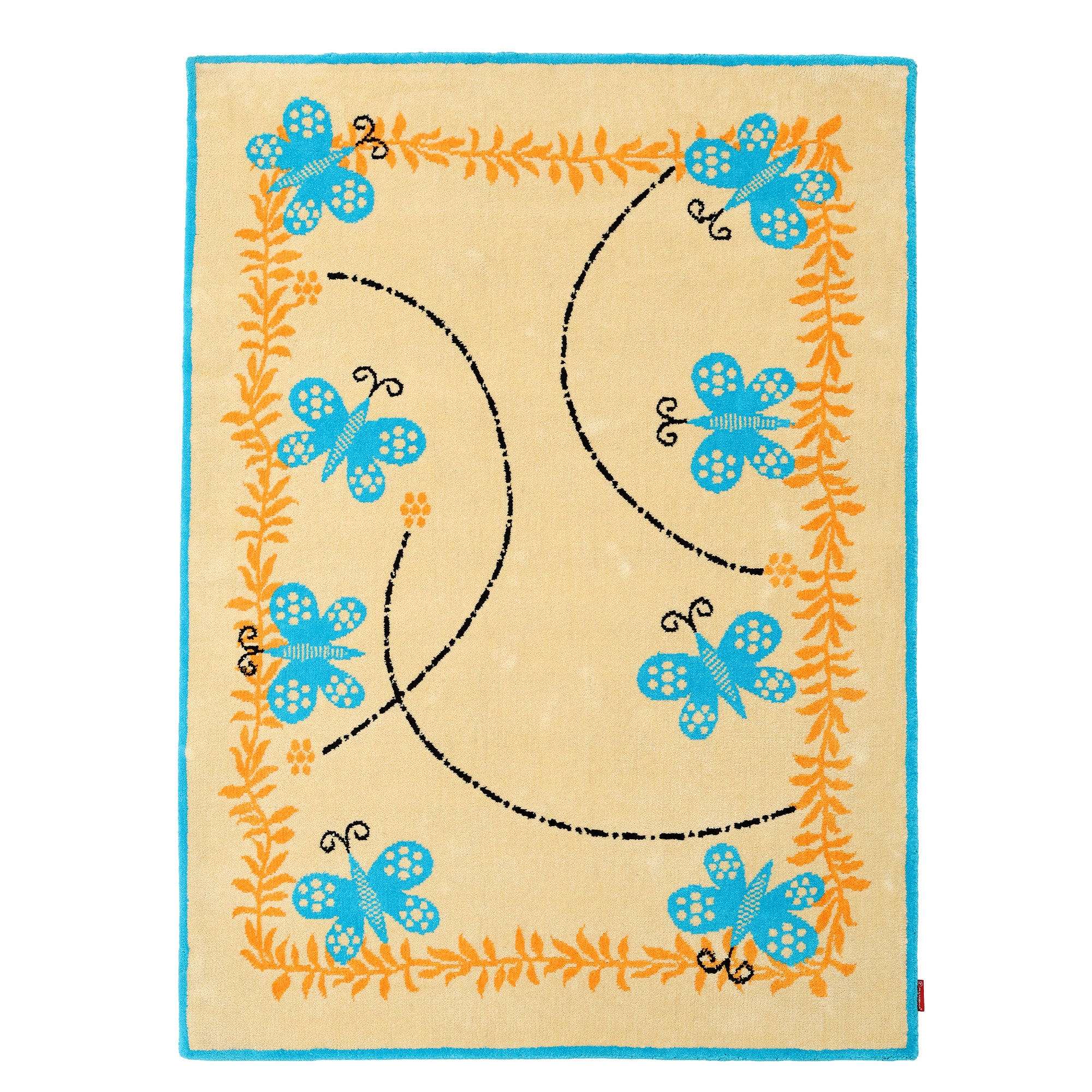 The RAMSHA HOME Kids Rug Soft Multi Color Nursery Rug 120x180 cm (KD 022) features a blue border, six blue butterflies, orange leafy vines, and curved black dashed lines—creating a charming accent perfect for nursery décor.
