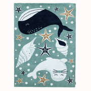 The RAMSHA HOME Kids Rug Soft Whale Character Rug 120x180 cm (KD 017) features a playful ocean design with a whale, seal, starfish, seashells, and bubbles on teal—ideal for any nursery or playroom.