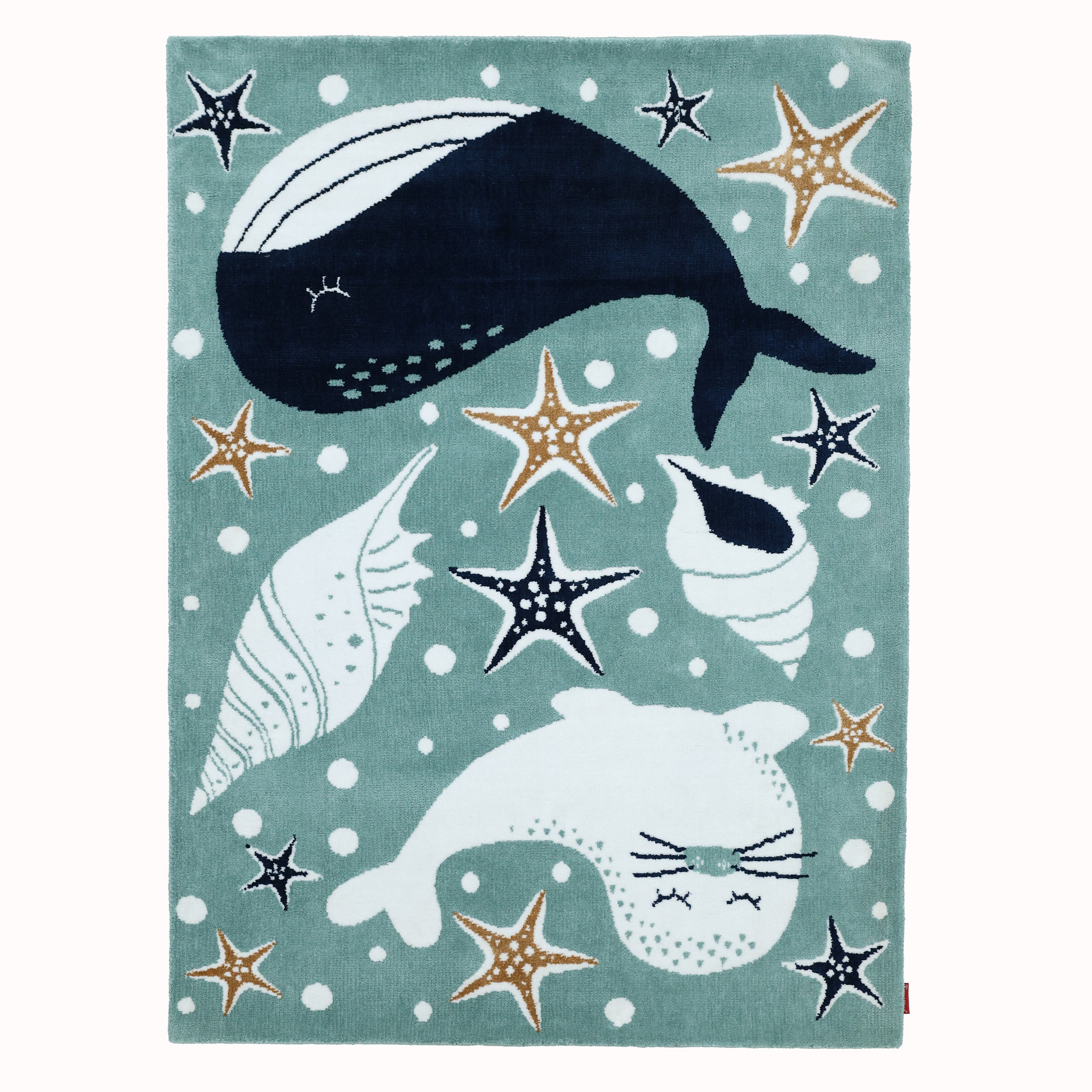 The RAMSHA HOME Kids Rug Soft Whale Character Rug 120x180 cm (KD 017) features a playful ocean design with a whale, seal, starfish, seashells, and bubbles on teal—ideal for any nursery or playroom.