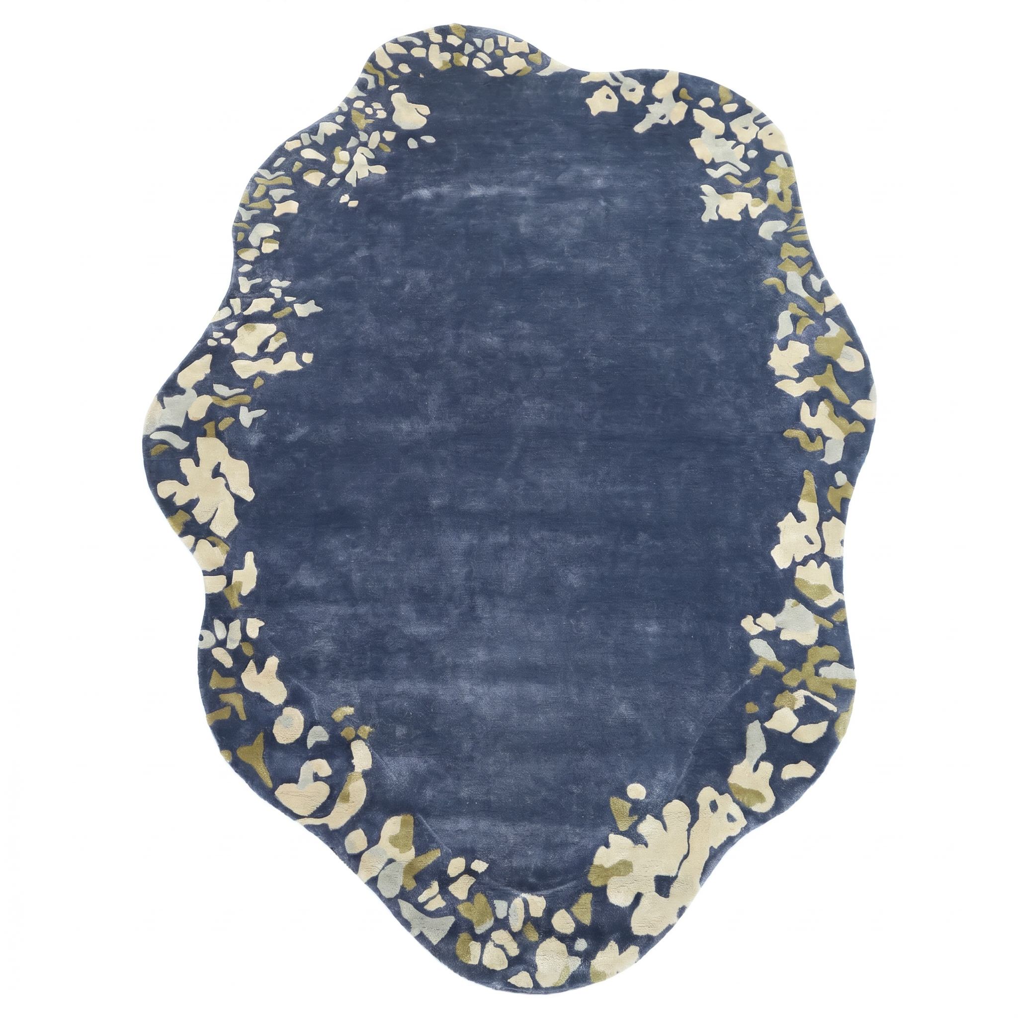 The RAMSHA HOME Navy Blue Viscose Shaped Handmade Carpet 200x300 - HTV-23 features an irregular shape, a deep navy center, and an abstract border in beige, ivory, and olive green.