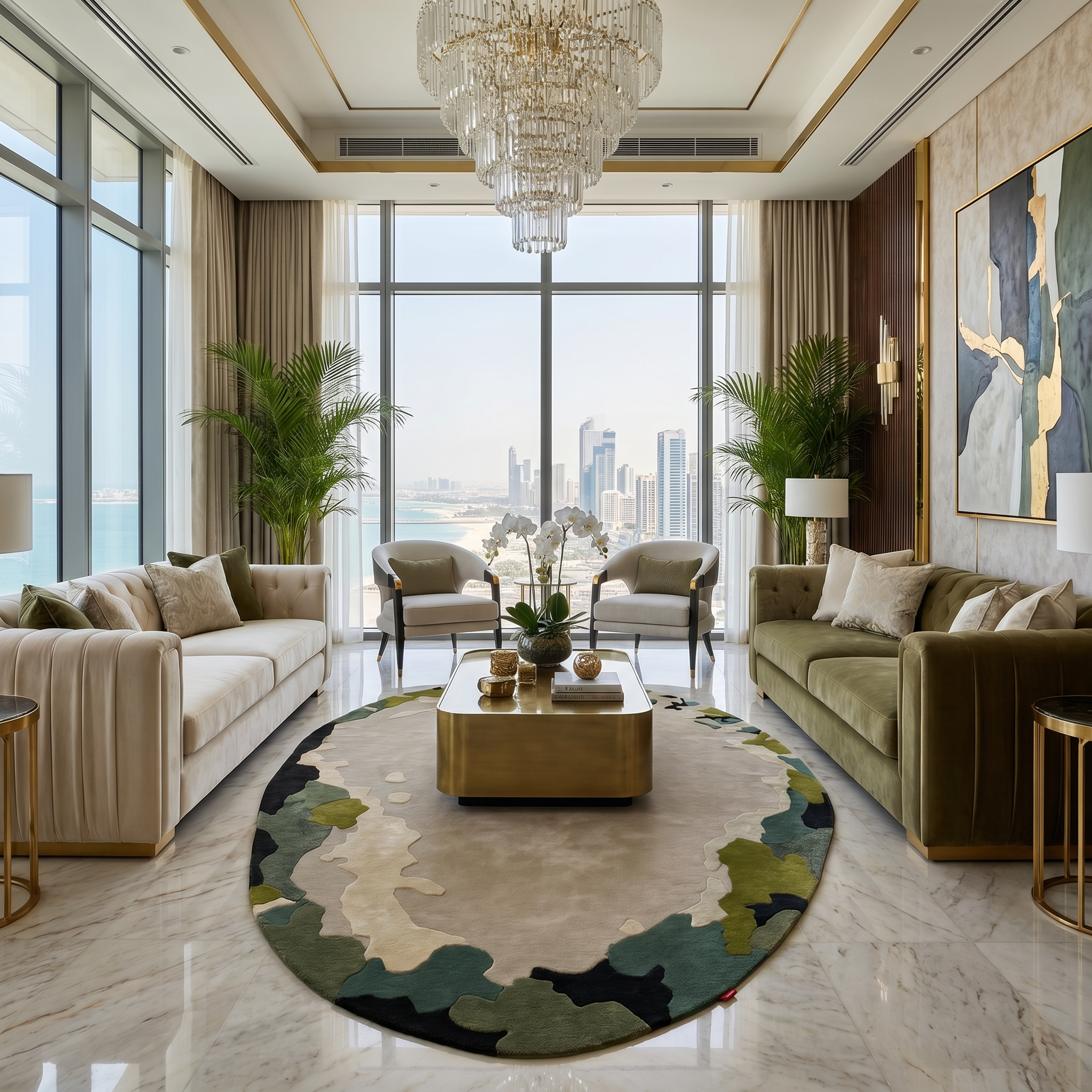 A luxurious modern living room with large windows, two elegant sofas, a marble coffee table with flowers, potted plants, a chandelier, and the RAMSHA HOME Terra Eclipse Oval Handmade Rug Accent Rug HTWV-201.
