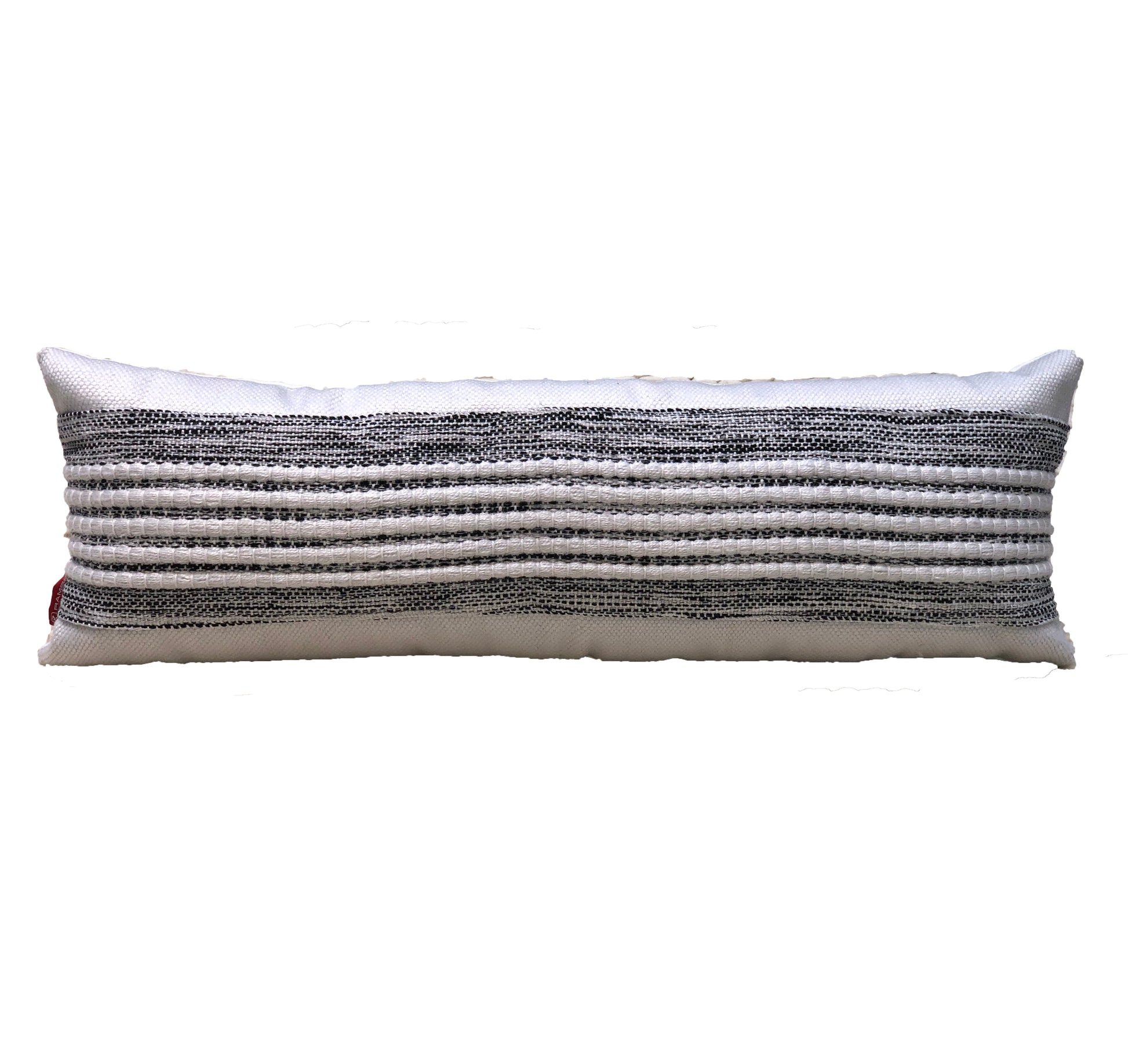The RAMSHA HOME Woven Black And White Polyester Cushion CS-249 is a rectangular lumbar cushion with a white base, horizontal black and gray woven stripes, modern minimalist design, textured pattern, and includes the filler.