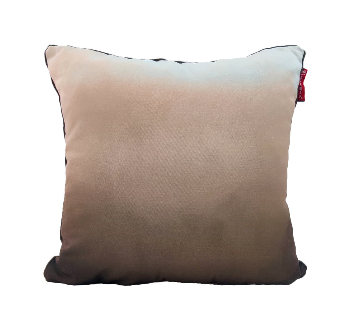 RAMSHA HOME’s Gradient Pattern Cushion CS-272 features smooth color transitions from light beige to dark brown with a small red tag on the upper right edge. Removable insert included. Displayed on a plain white background. Perfect for stylish home decor.