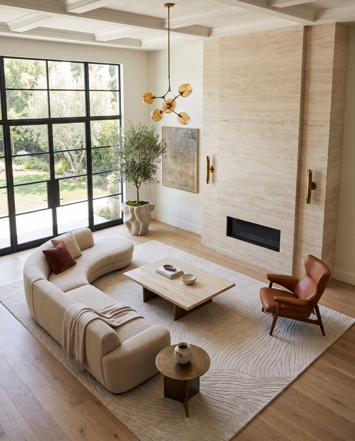 A modern living room features a curved sofa atop a Natural White Color Handmade Area Rug - HTWV-143 (300x400 cm) by RAMSHA HOME, a wooden coffee table, a leather lounge chair, and a floor-to-ceiling stone fireplace.