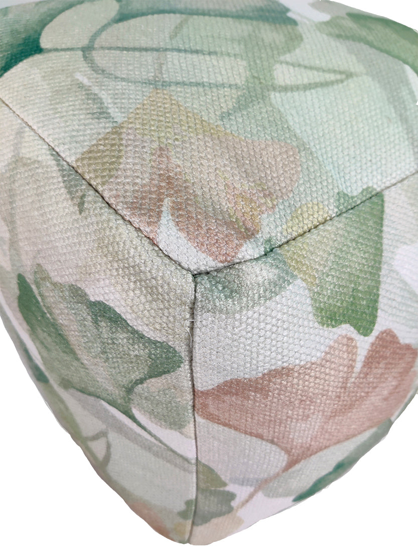 Close-up of PF-117 pouf showing vibrant floral printed polyester fabric