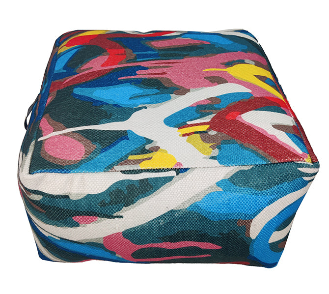 Multi-colored printed pouf PF-121 with handle, made from 100% polyester and filled with thermocol