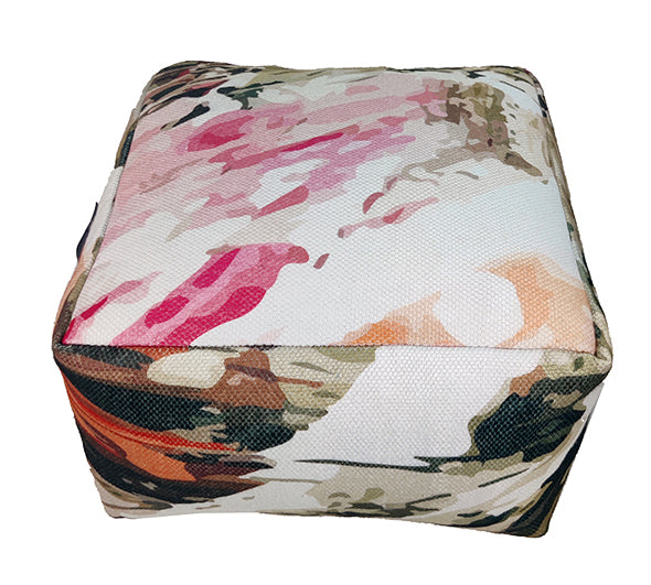 Multi-colored printed pouf PF-122 with handle, made from 100% polyester and filled with thermocol