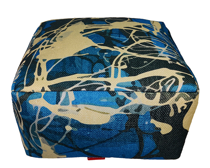 Multi-colored printed pouf with handle, made from 100% polyester and filled with thermocol