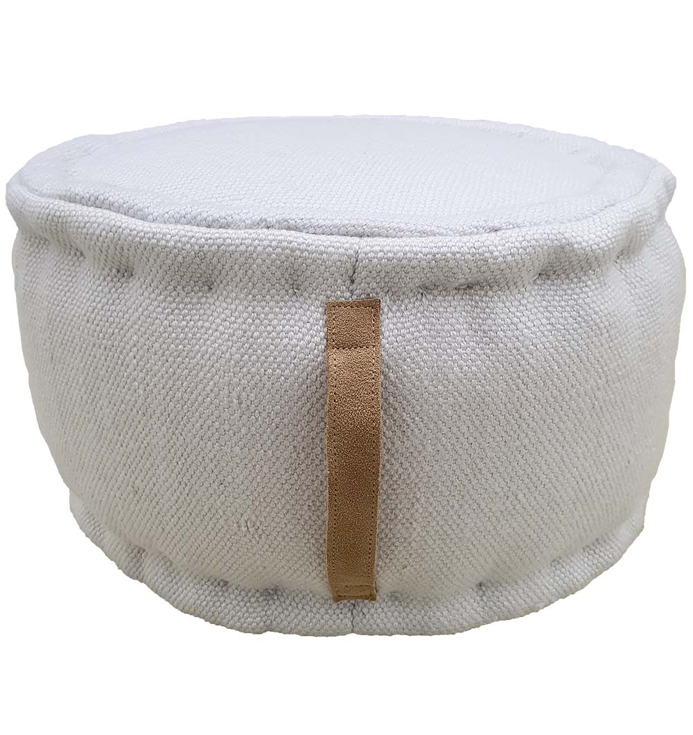 Handle detail on cylindrical polyester pouf, stylish handmade footrest for cozy interiors