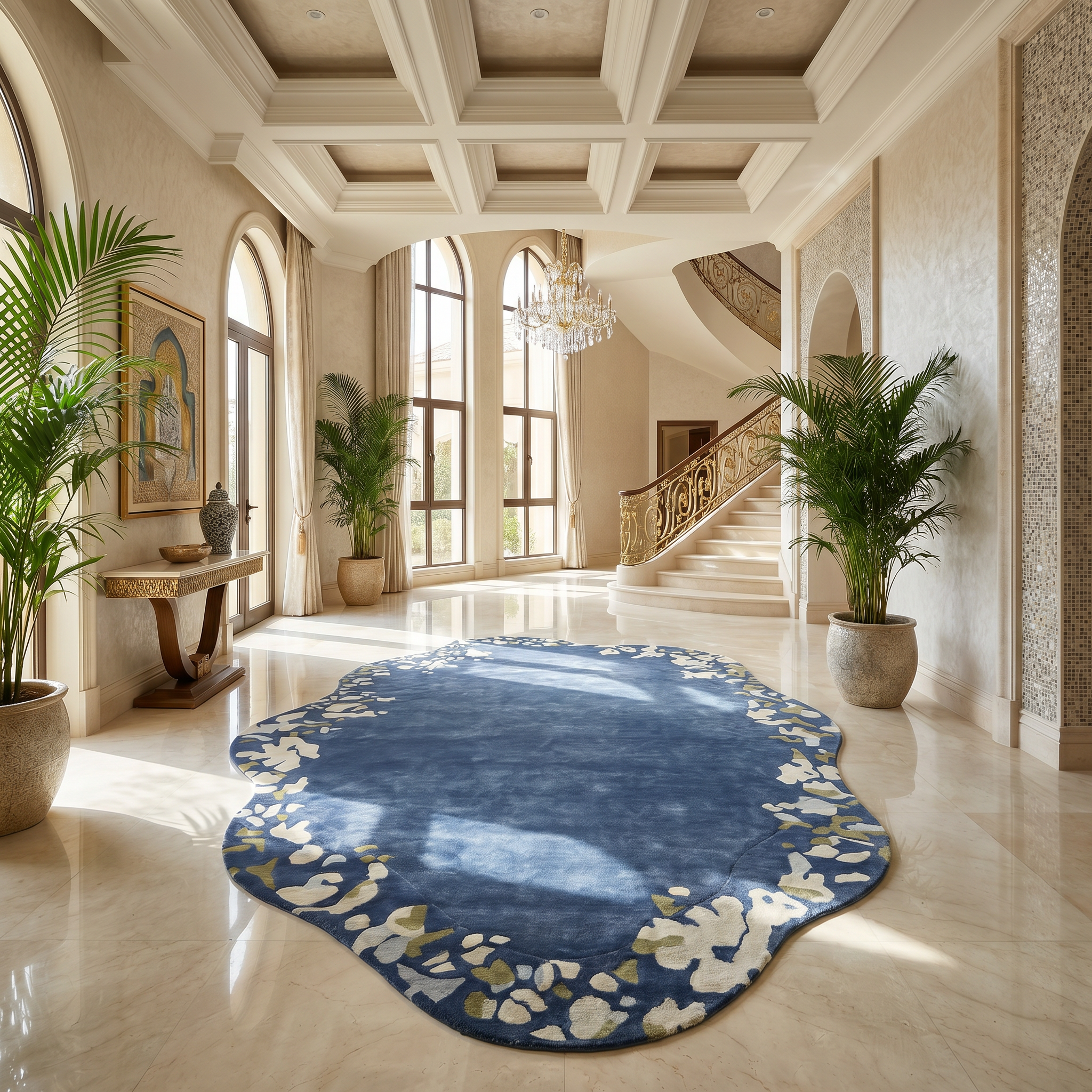 A luxurious foyer features RAMSHA HOME’s Navy Blue Viscose Shaped Handmade Carpet 200x300 (HTV-23), potted plants, arched windows, ornate grand staircase, chandelier, artwork, and a coffered ceiling, all bathed in natural light.