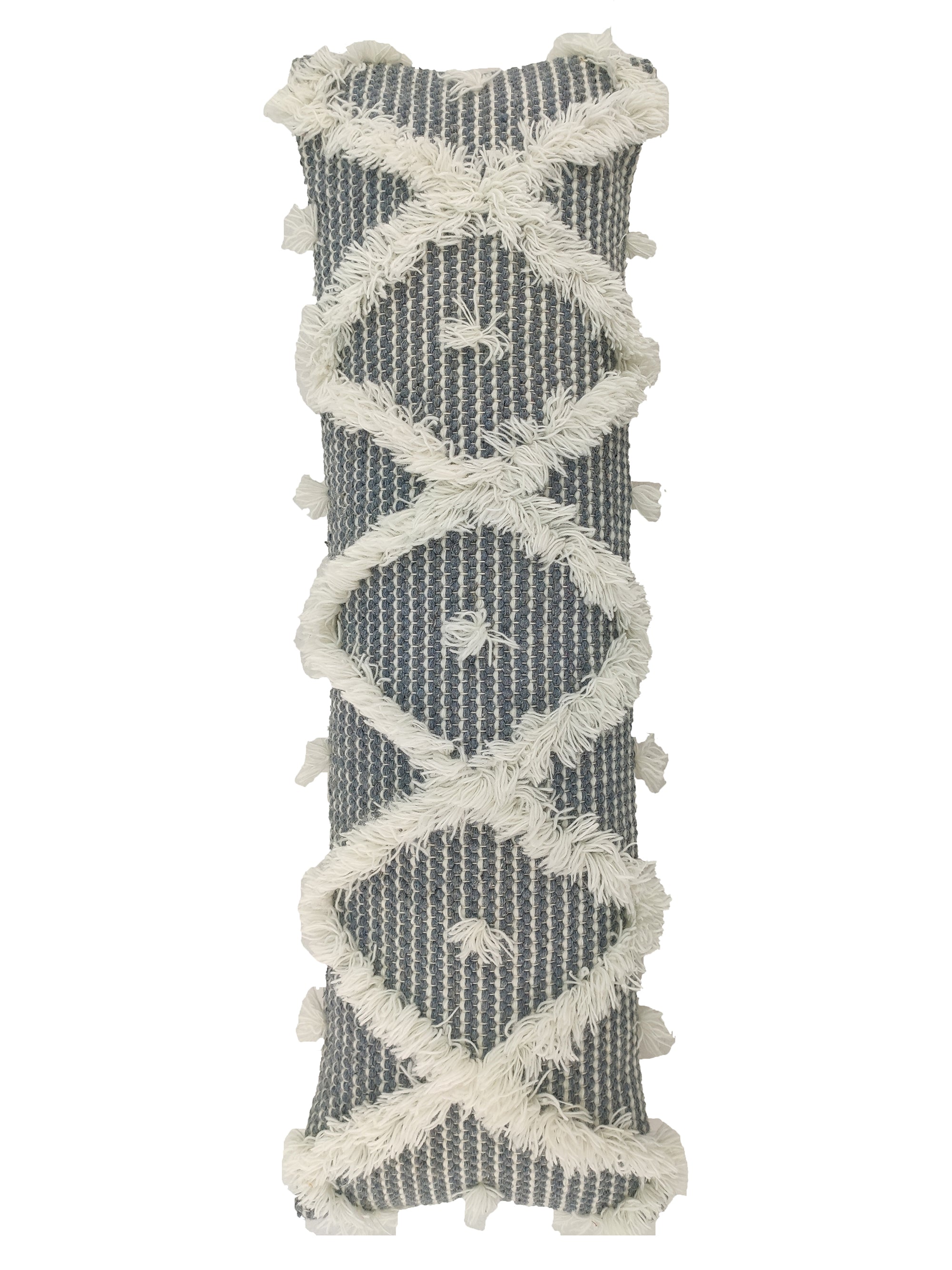 The RAMSHA HOME Boho Cotton & Wool Cushion With Tassels CS-217 features a textured gray and white woven design with raised diamond patterns and fringe, adding stylish Moroccan flair to your decor.