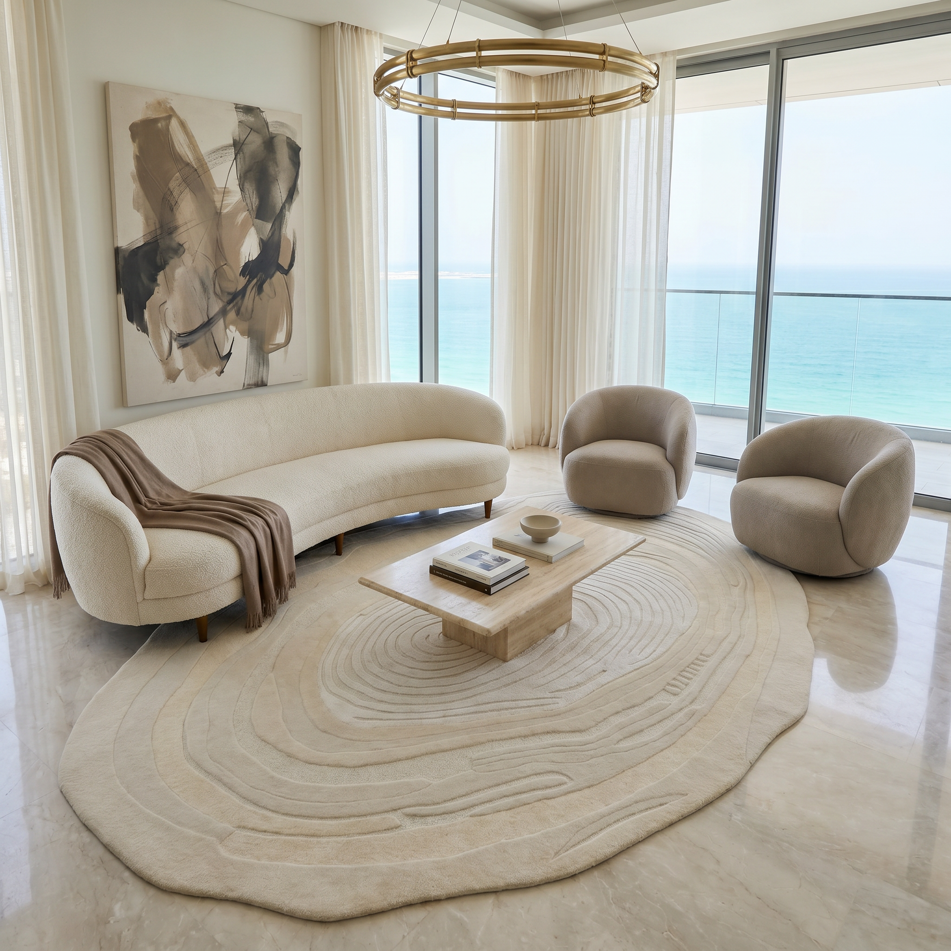 A modern living room features a curved cream sofa, two round armchairs, an abstract painting, and the RAMSHA HOME Ivory Topographic Shaped Rug 200x300 cm (HTWV-192). Large windows showcase an ocean view and fill the space with natural light.