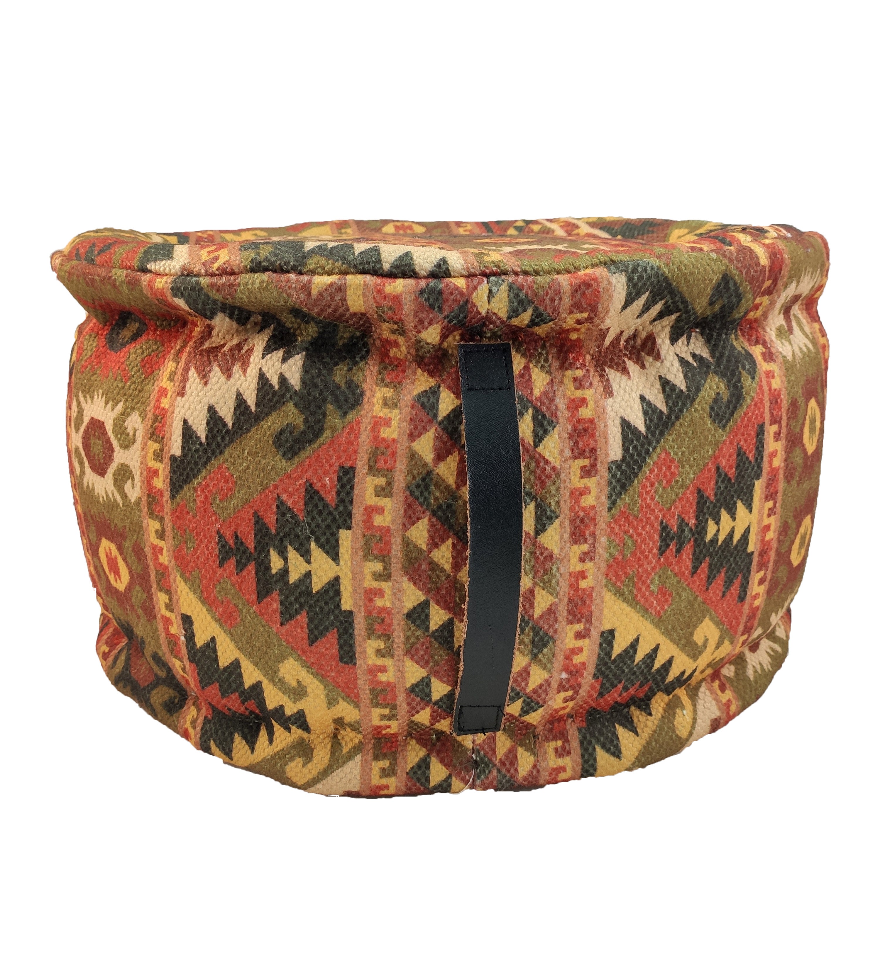 The RAMSHA HOME Printed Multi Color Pouf With Leather Handle PF-033 features a vibrant geometric design in red, yellow, black, and green plus a sleek leather handle—an eye-catching accent for any room.