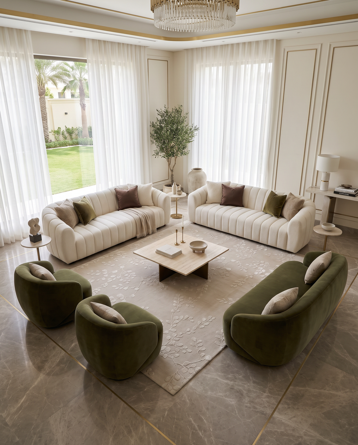 Modern living room featuring two white sofas, two green armchairs, a square coffee table, and the Artisan Handmade Decorative Area Rug – HTWV-116 by RAMSHA HOME in beige. Large windows with sheer curtains overlook a lush green garden, while a marble floor and an indoor plant enhance the elegant decor.