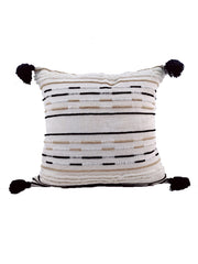 The RAMSHA HOME Woven Cotton Cushion With Tassel cs-151 features a cream pattern with black stripes and beige details, finished with large black corner tassels. Made from a cotton-acrylic blend and shown against a white background.