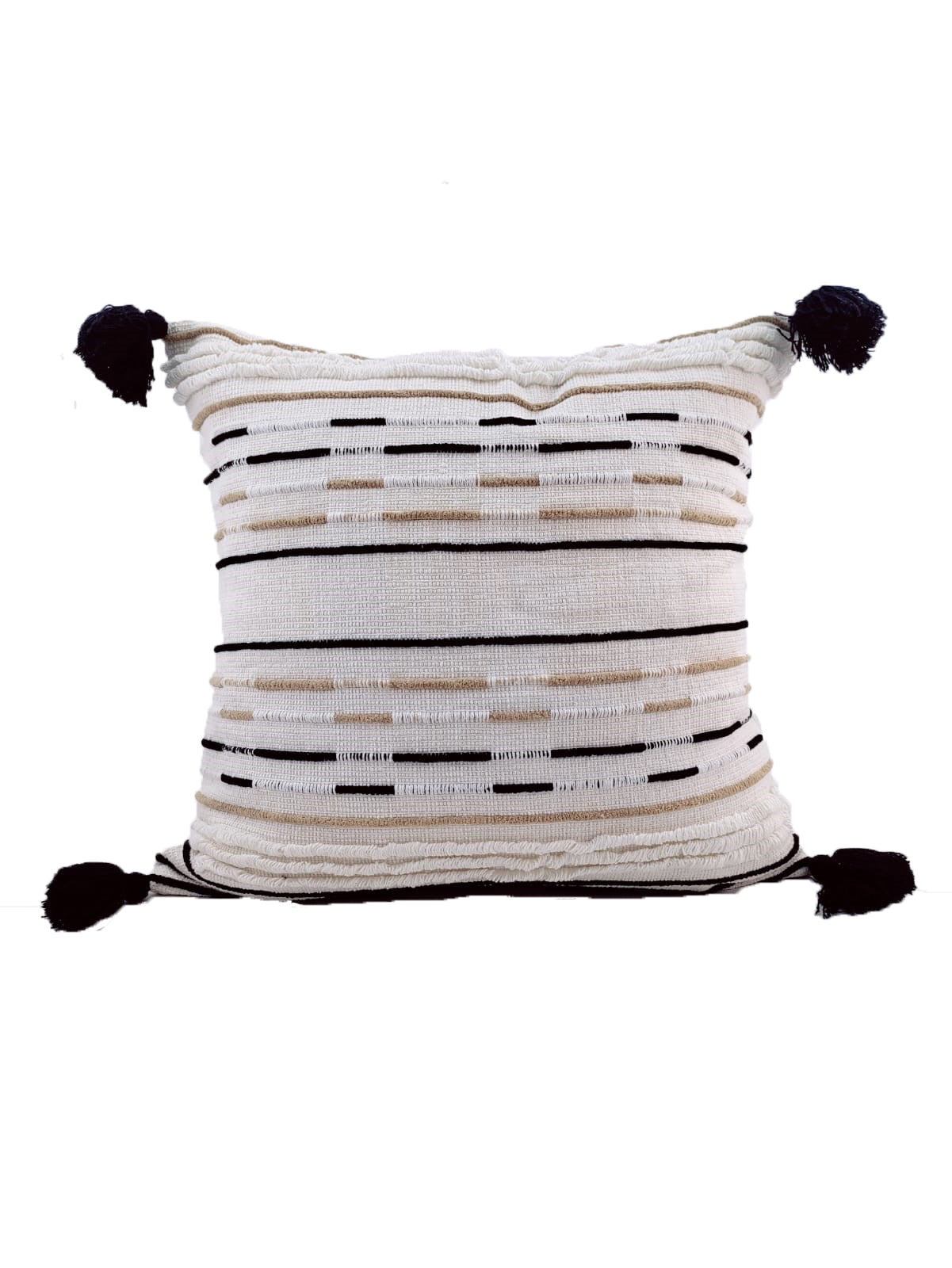The RAMSHA HOME Woven Cotton Cushion With Tassel cs-151 features a cream pattern with black stripes and beige details, finished with large black corner tassels. Made from a cotton-acrylic blend and shown against a white background.