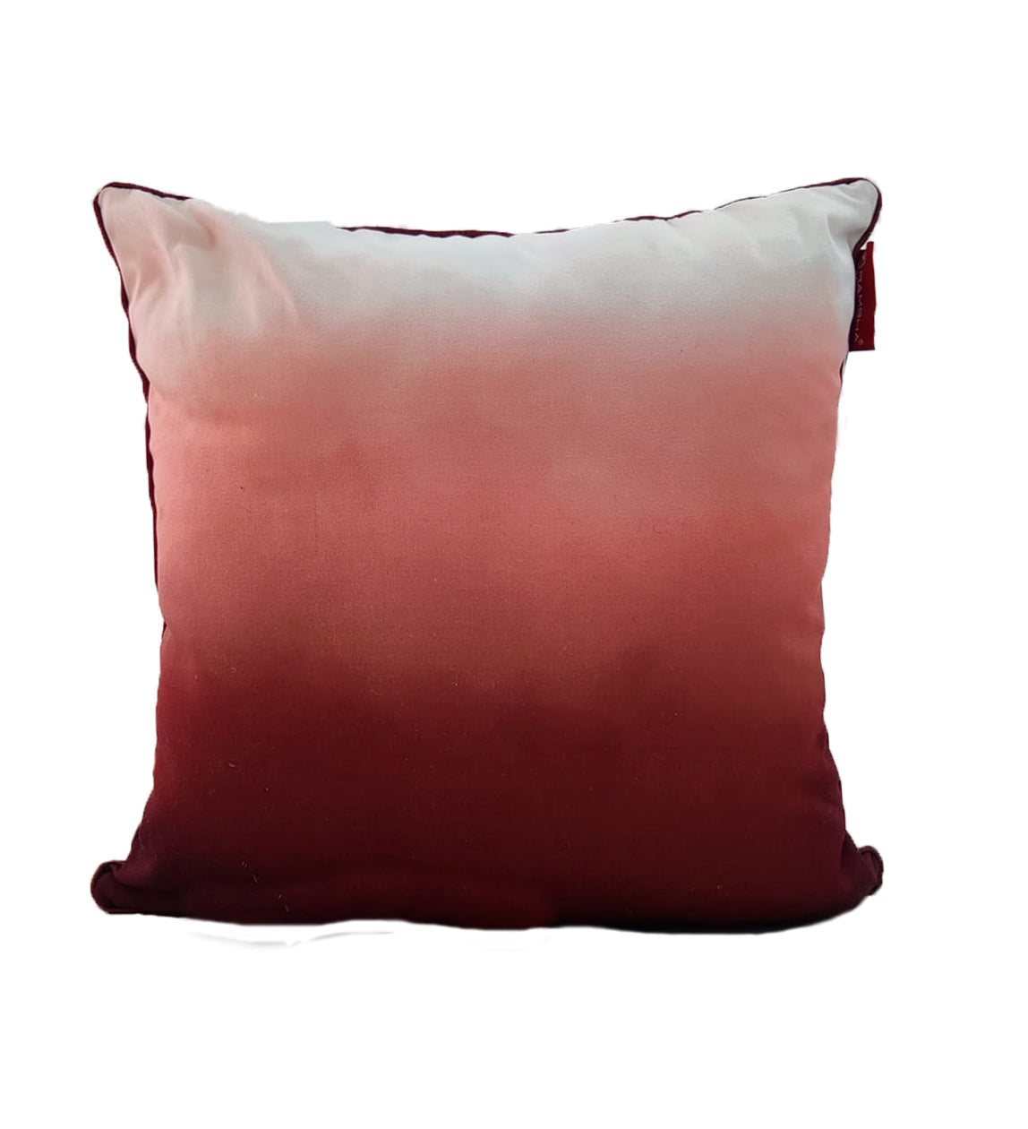 The RAMSHA HOME Gradient Pattern Cushion CS-272 features a square ombre design, fading from white to deep burgundy, with a soft, smooth texture and a small fabric tag on the right edge—perfect for stylish home décor.