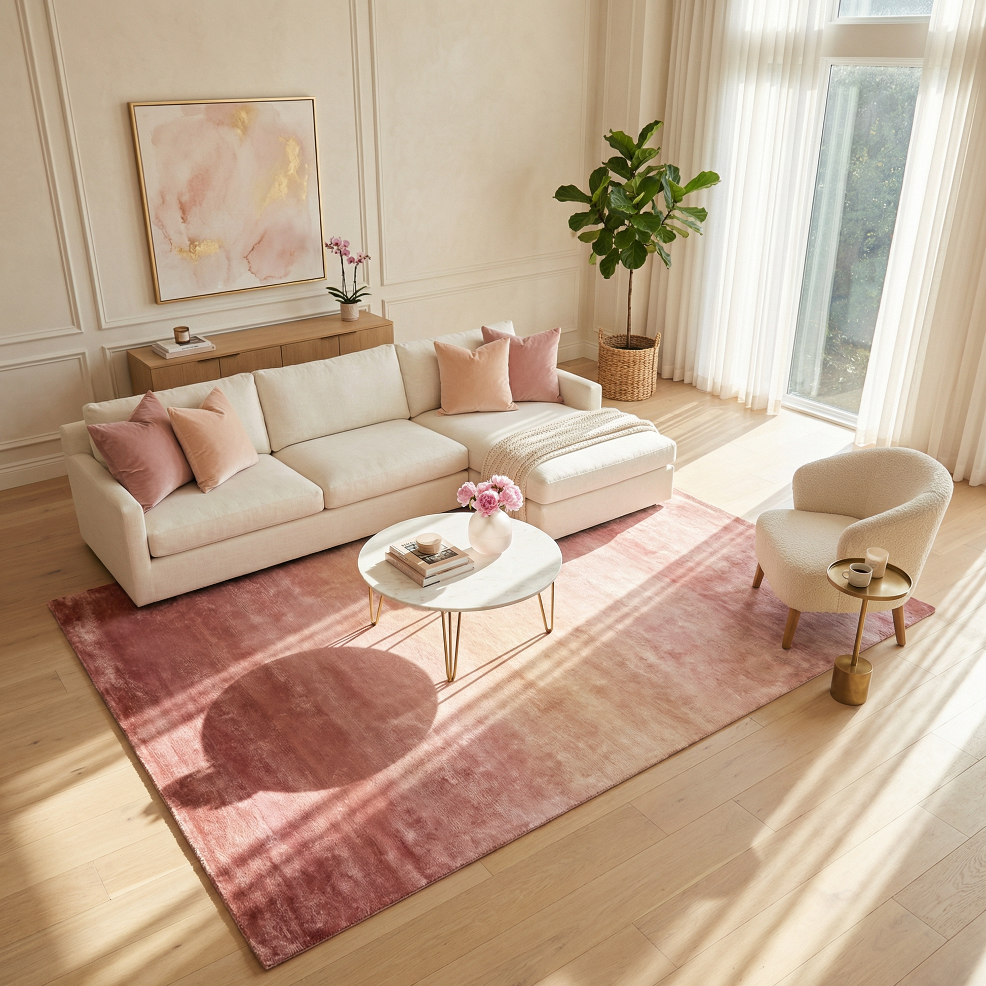 Bright living room with a beige sectional, pink and beige pillows, round coffee table, armchair, RAMSHA HOME Rose Ombre Handmade Area Rug HTV 27 (300x400 cm), potted plant, wall art, and large sunlit windows.