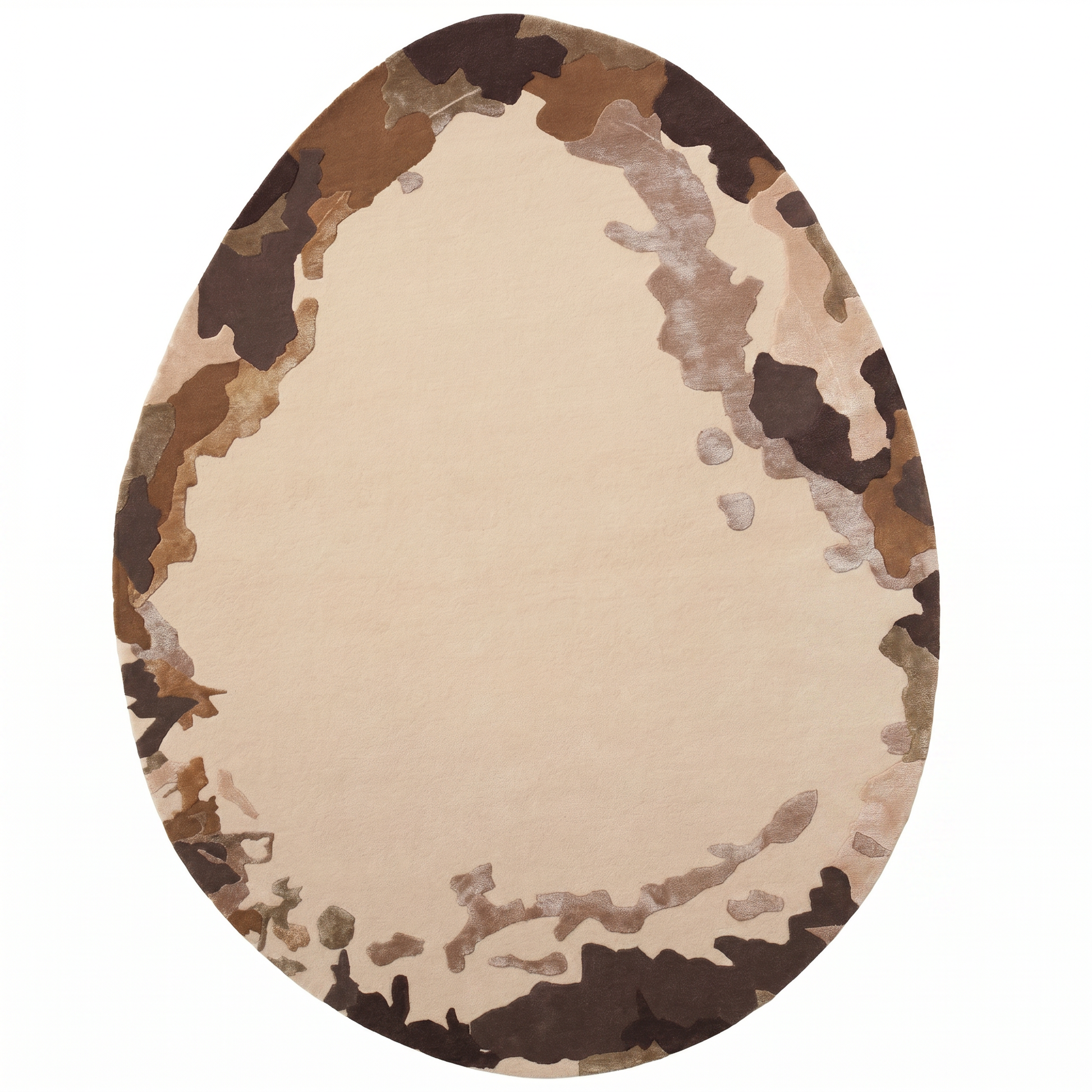 The Terra Eclipse Oval Handmade Rug Accent Rug HTWV-195 by RAMSHA HOME features a modern camouflage pattern in brown, beige, and tan—resembling a speckled egg and perfect for adding unique style to contemporary interiors.