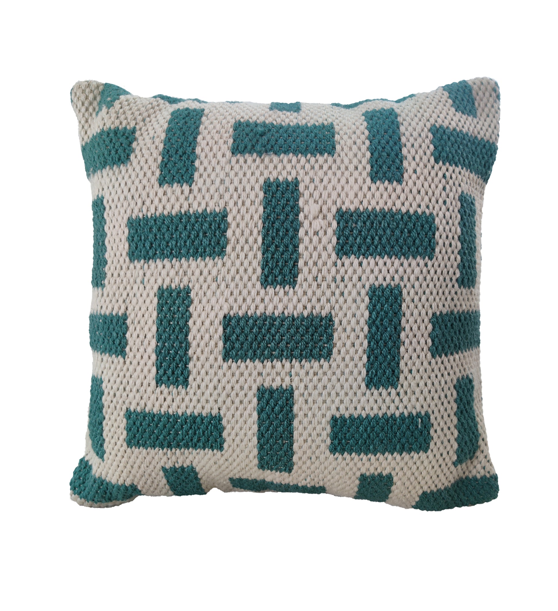 The RAMSHA HOME Woven Polyester Cushion Soft Cushion With Insert features a geometric pattern of teal rectangles on an off-white base, adding comfort and modern style to any space.