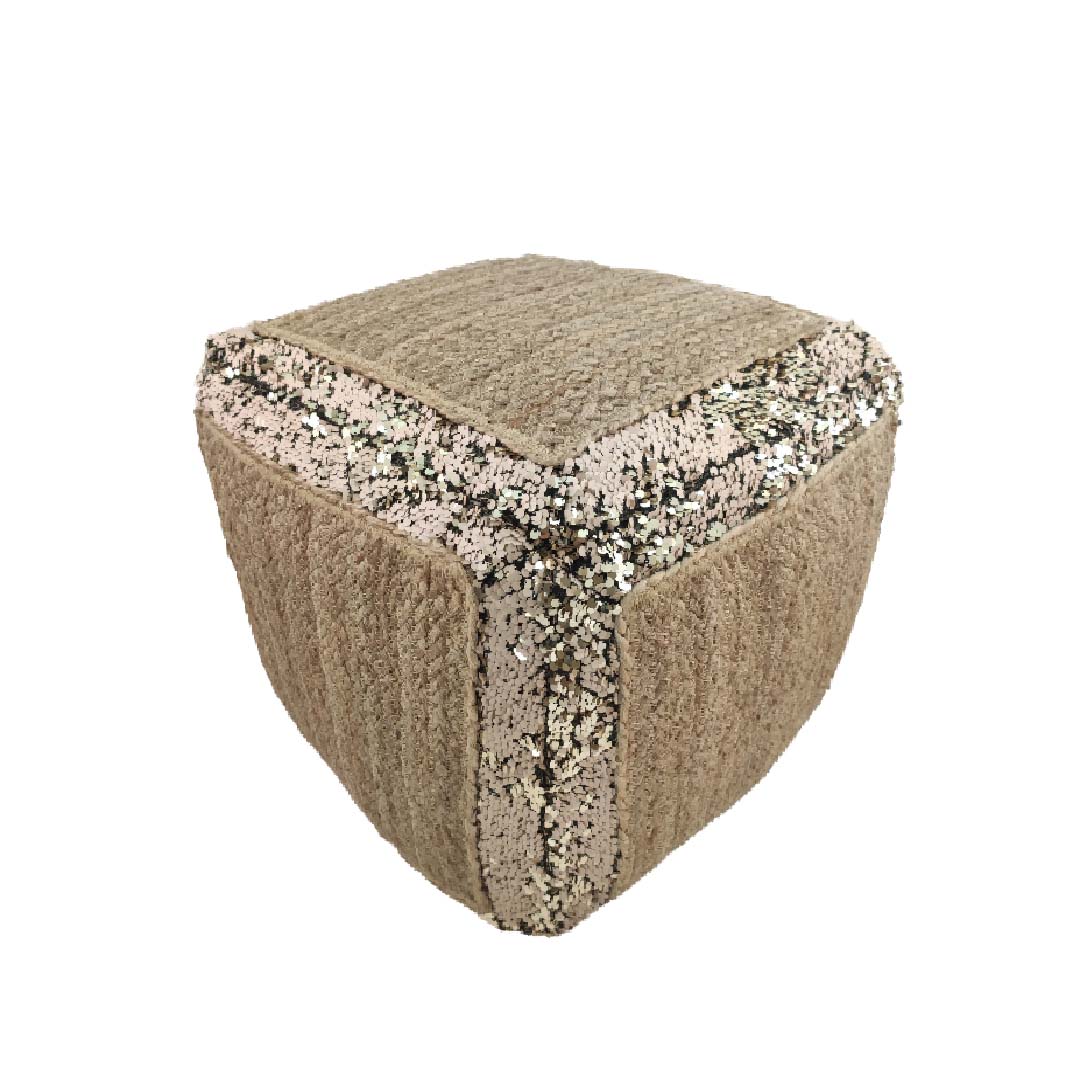 cleaned photos Multi Color Jute and Polyester Decor Sequence Pouf - PF 007 (40x40x40cm) - الصورة 2
